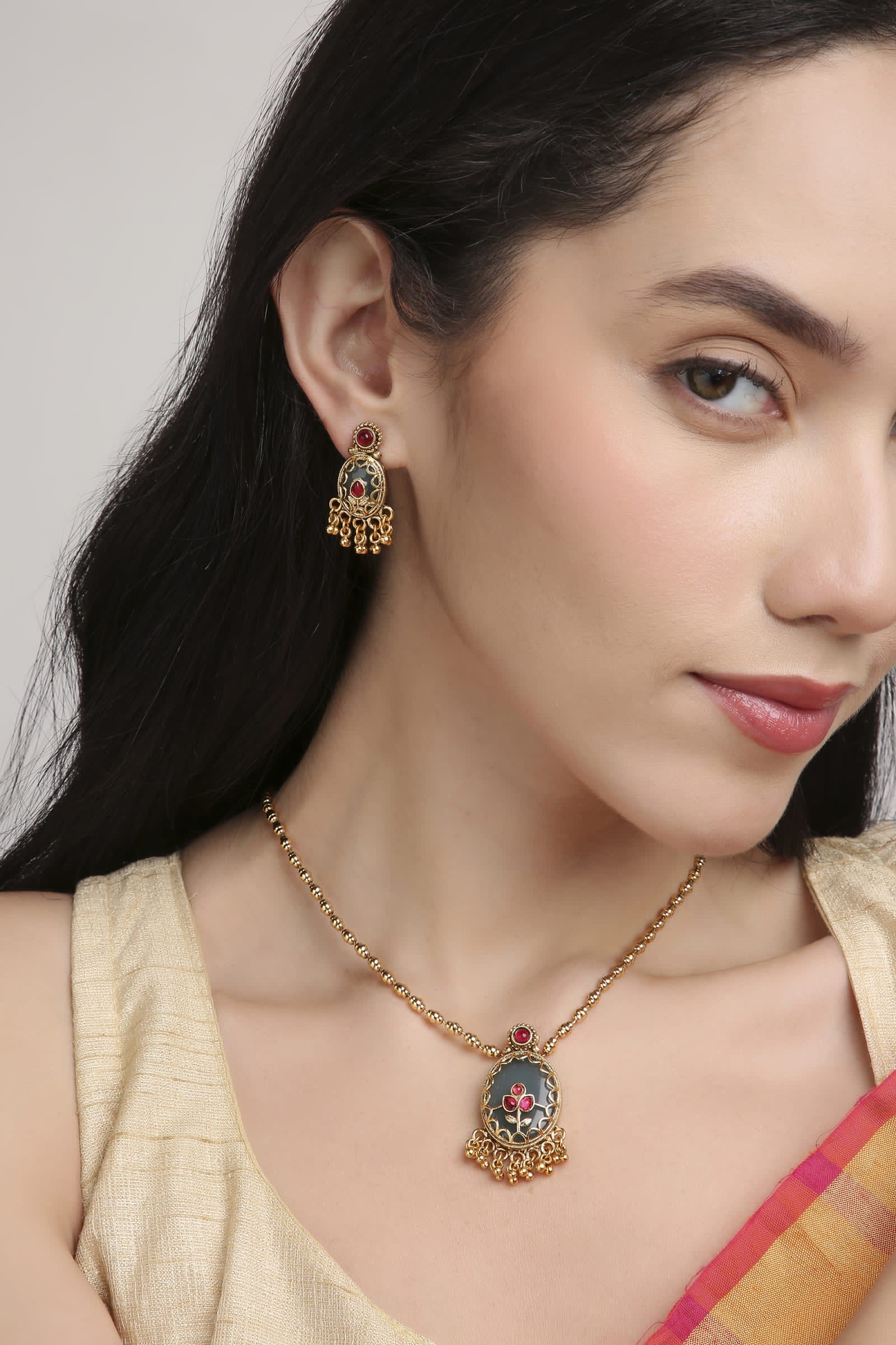 Navratri Brass Kundan Long Set thumbnail 4