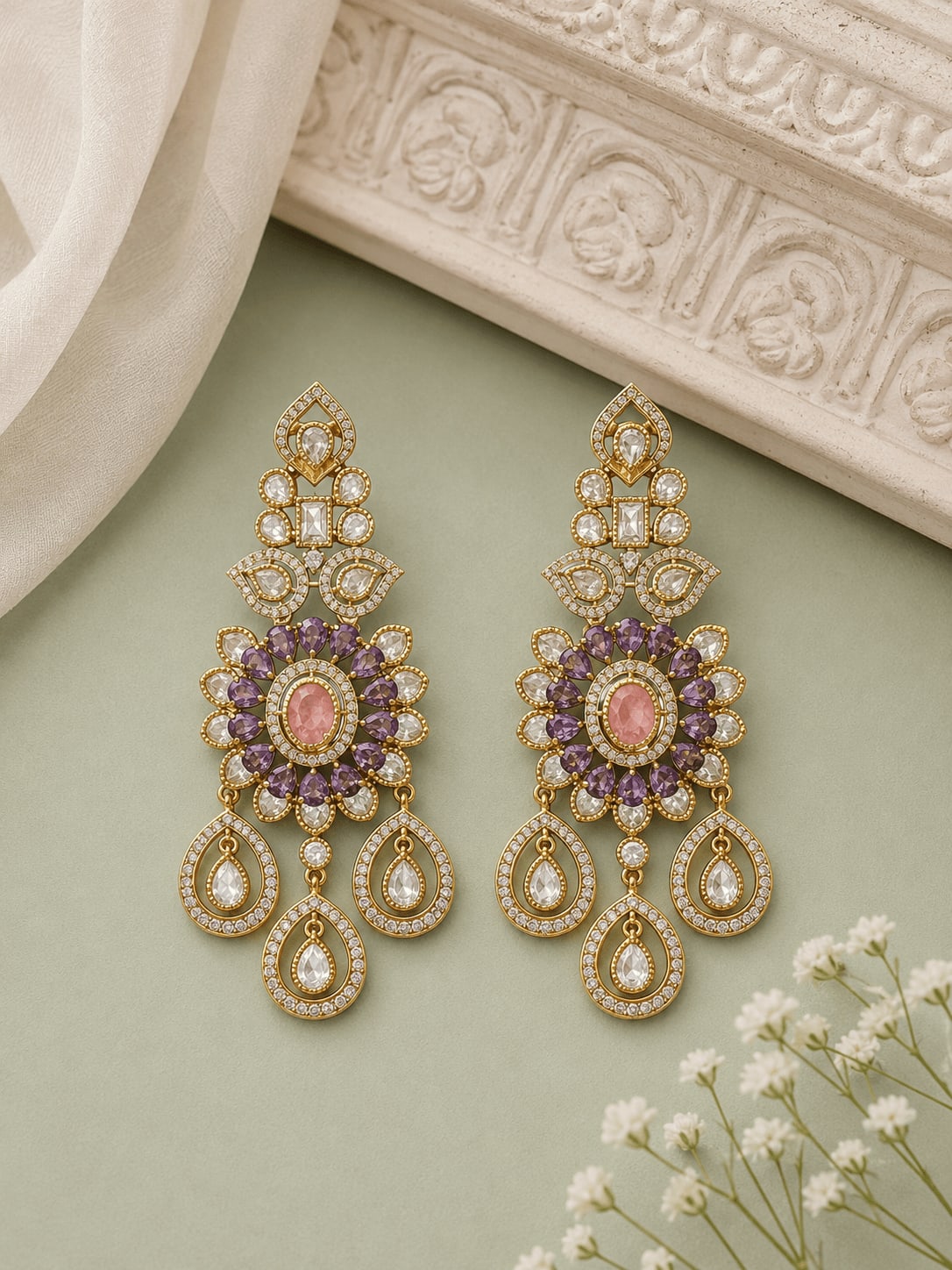 Lavish Chandelier and Flower Shape Pink Kundan Stone Earring — main view | Sirini Jewellery