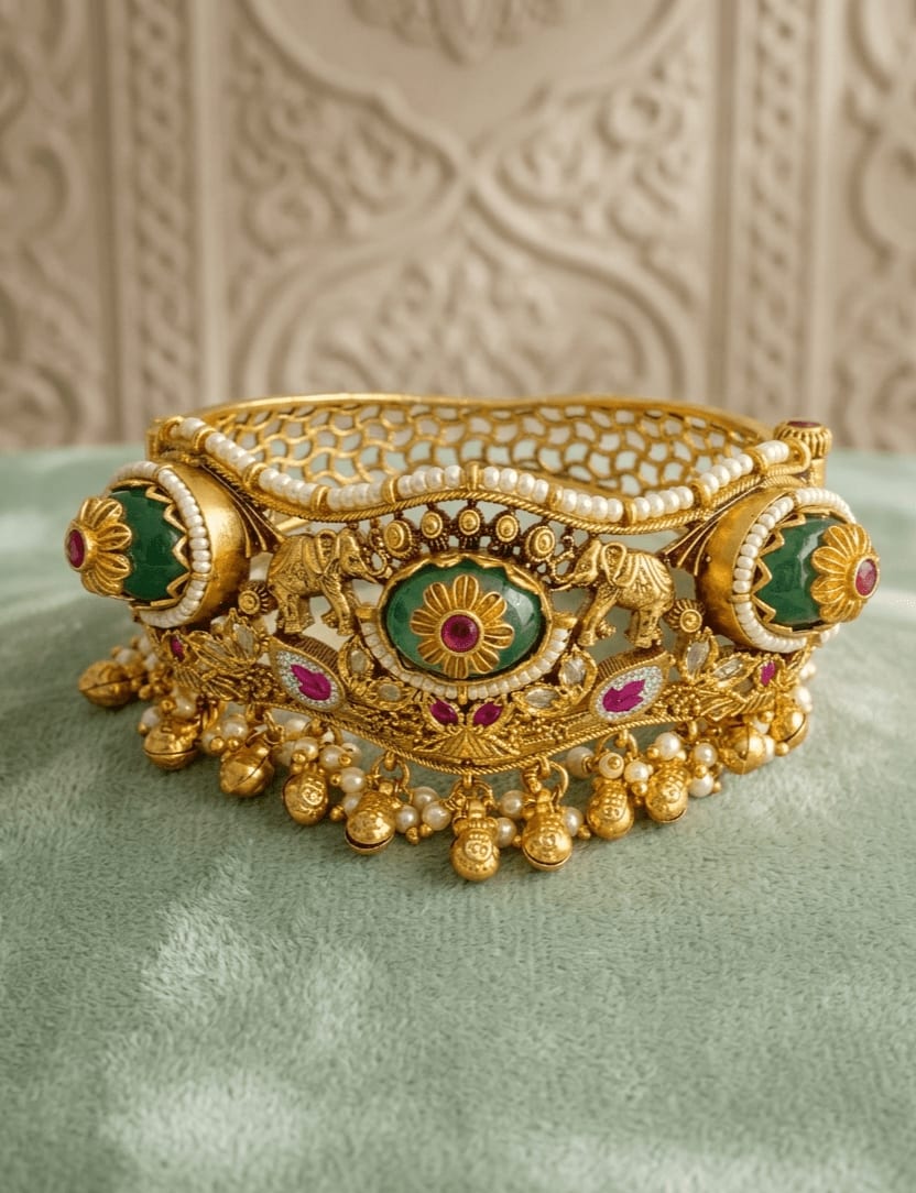 Emerald Kemp stone Elephant Heritage Kada — handcrafted Bracelet by Sirini Jewellery