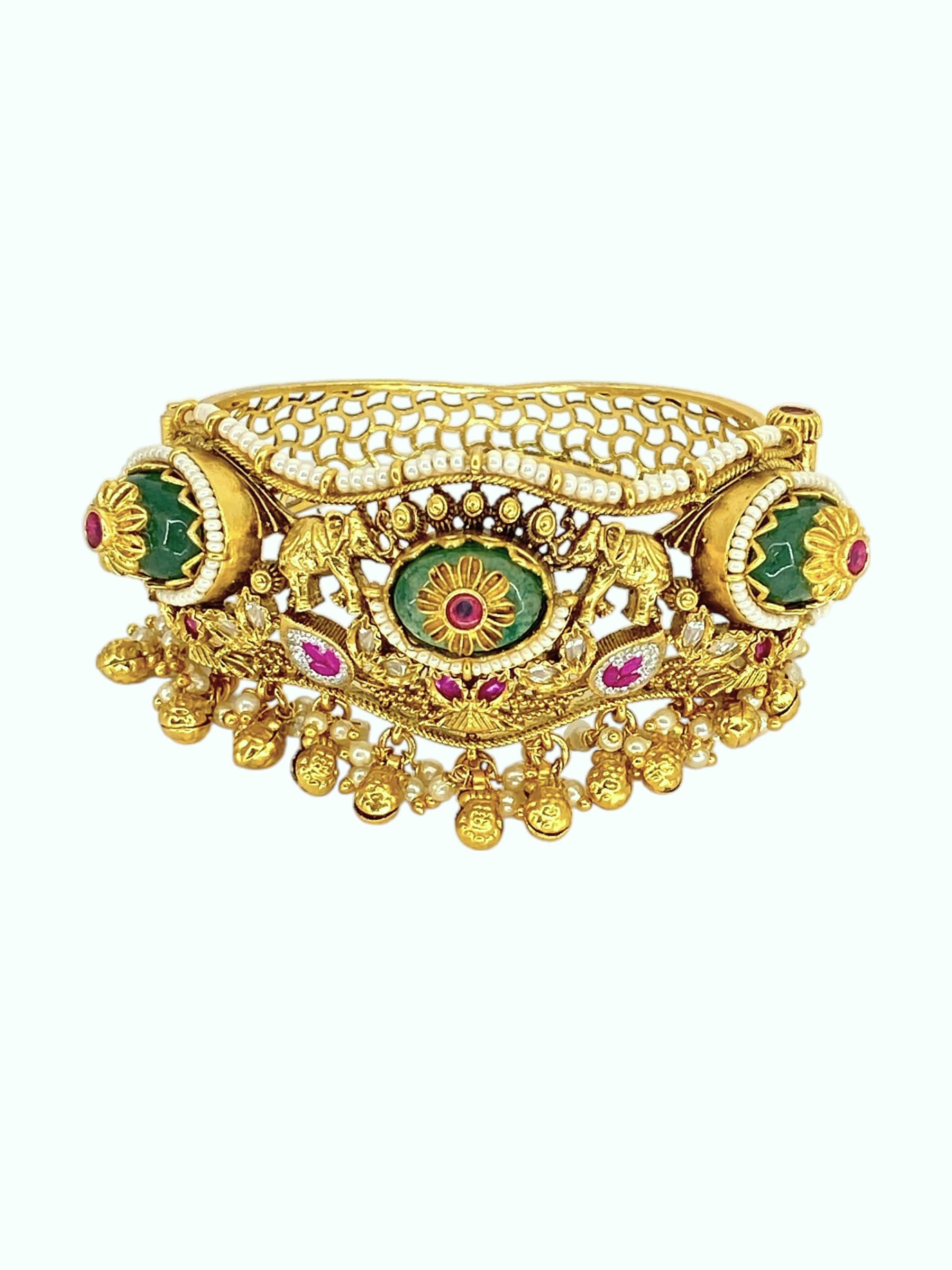 Emerald Kemp stone Elephant Heritage Kada — handcrafted Bracelet by Sirini Jewellery - back view
