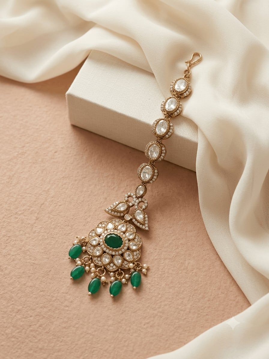 Floral Kundan Maang Tikka With Green Bead Hanging | Antique Gold Finish — main view | Sirini Jewellery