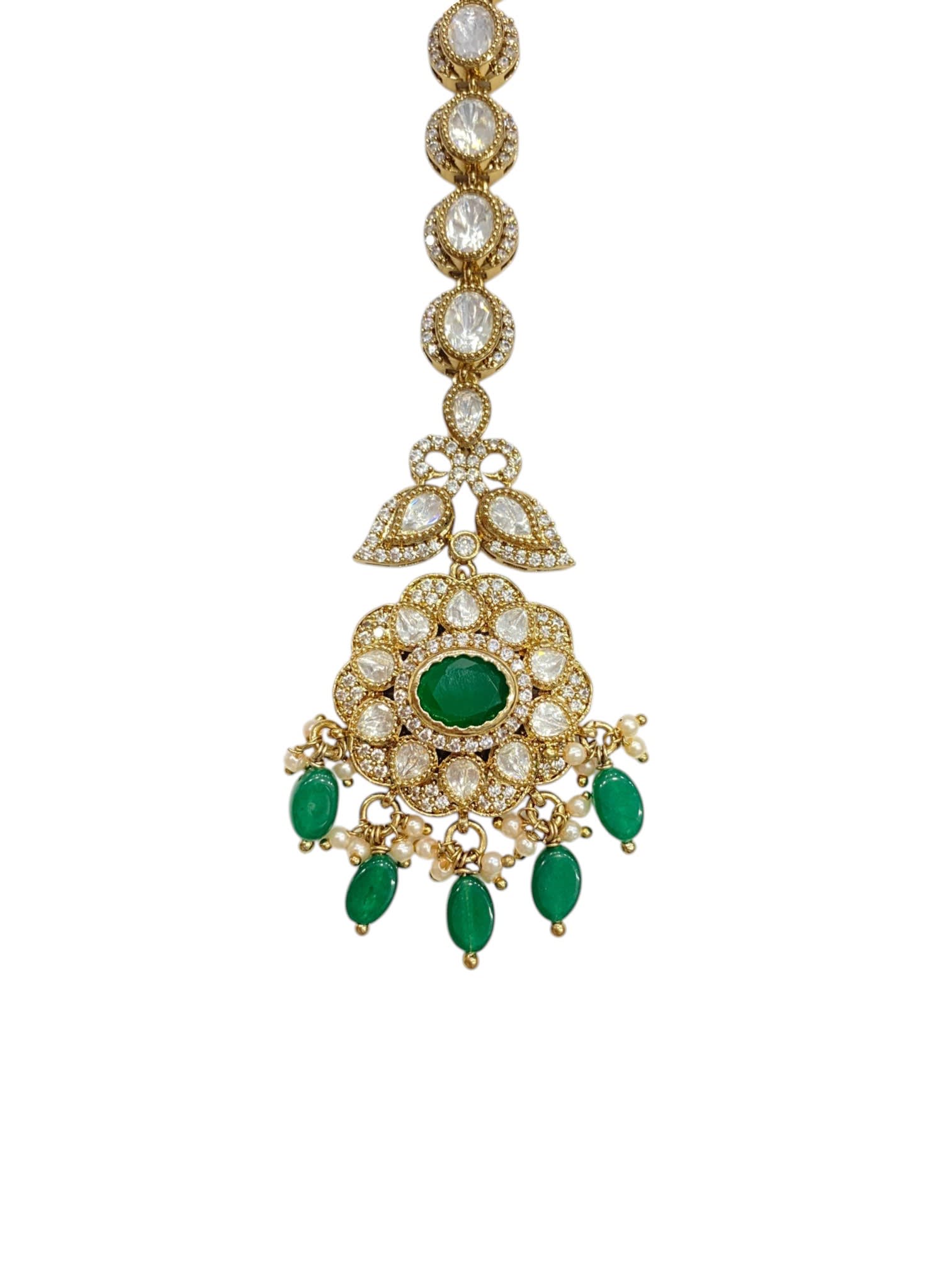 Floral Kundan Maang Tikka With Green Bead Hanging | Antique Gold Finish thumbnail 3