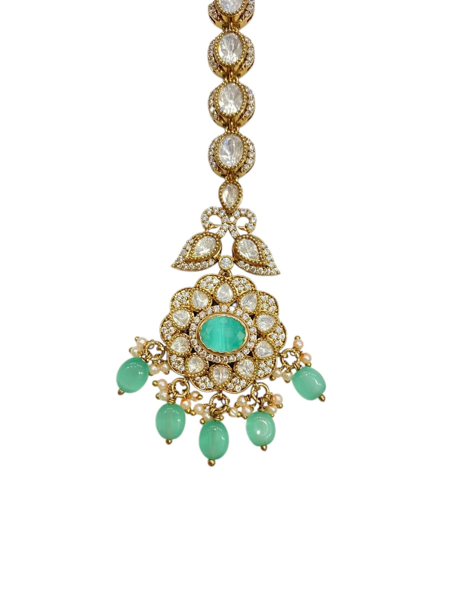 Floral Kundan Maang Tikka With Mint Bead Hanging | Antique Gold Finish thumbnail 3