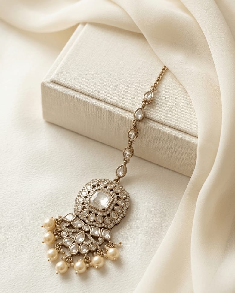 Classic White Kundan Maang Tikka with Pearl Hanging | Mehendi Finish — main view | Sirini Jewellery