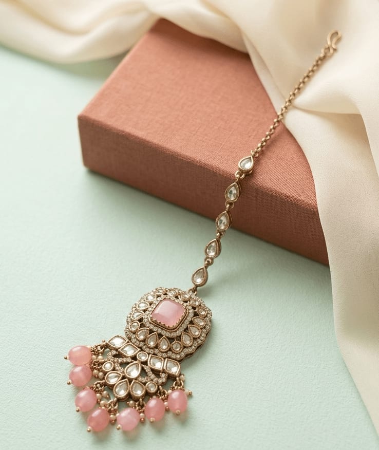 Pink Kundan Maang Tikka with Pink Bead Hanging | Mehendi Finish — main view | Sirini Jewellery