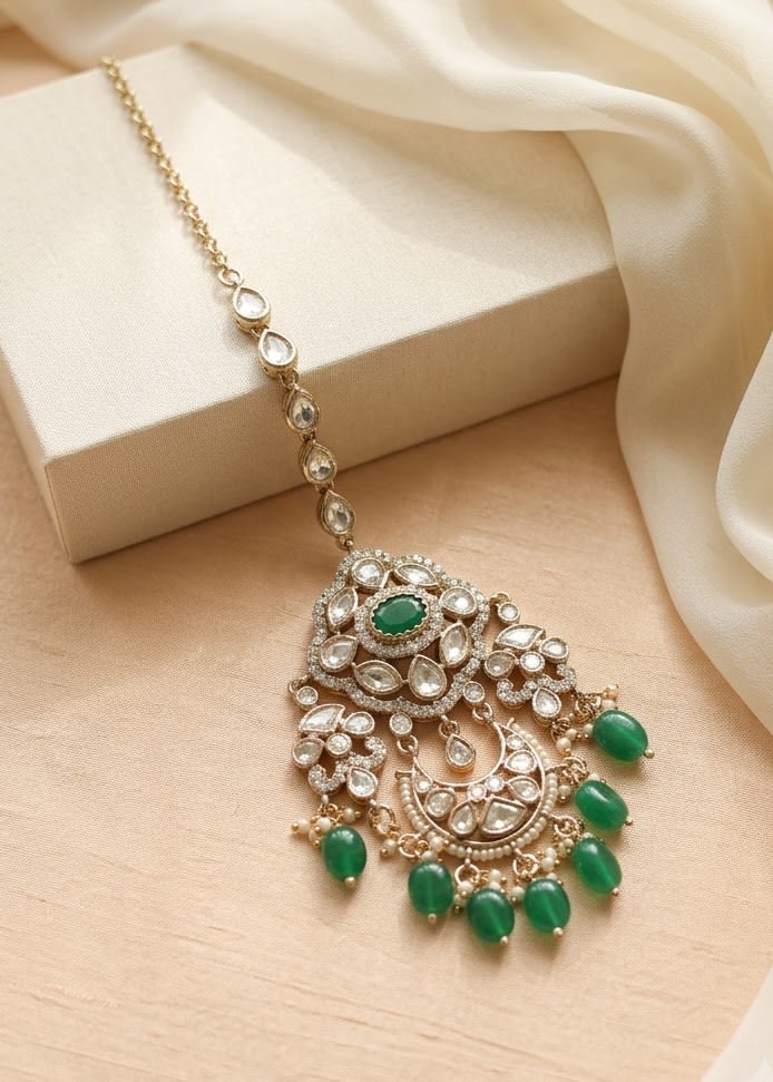 Green Stone Bridal Maang Tikka | Mehendi Finish — main view | Sirini Jewellery