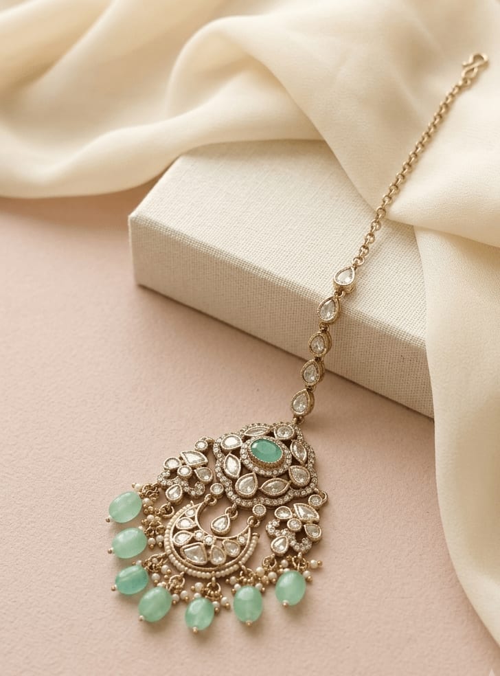 Mint Stone Bridal Maang Tikka | Mehendi Finish thumbnail 2