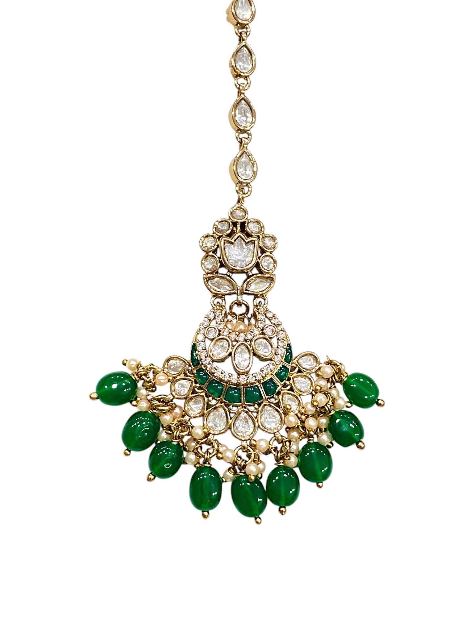 Green Dewdrop Maang Tikka | Antique Finish — handcrafted Tikka by Sirini Jewellery - back view