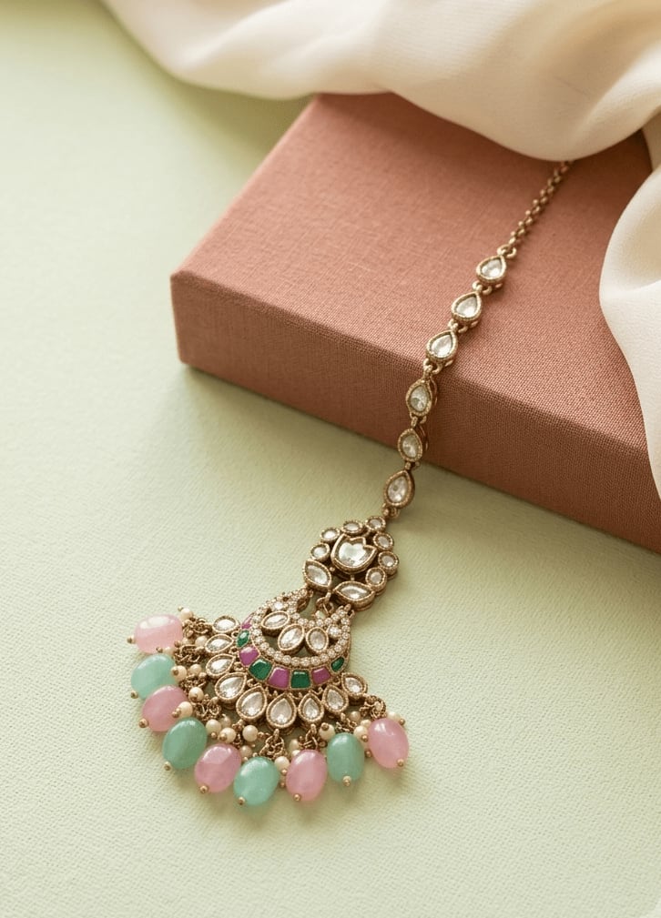 Multi Colour Dewdrop Maang Tikka | Antique Finish thumbnail 3