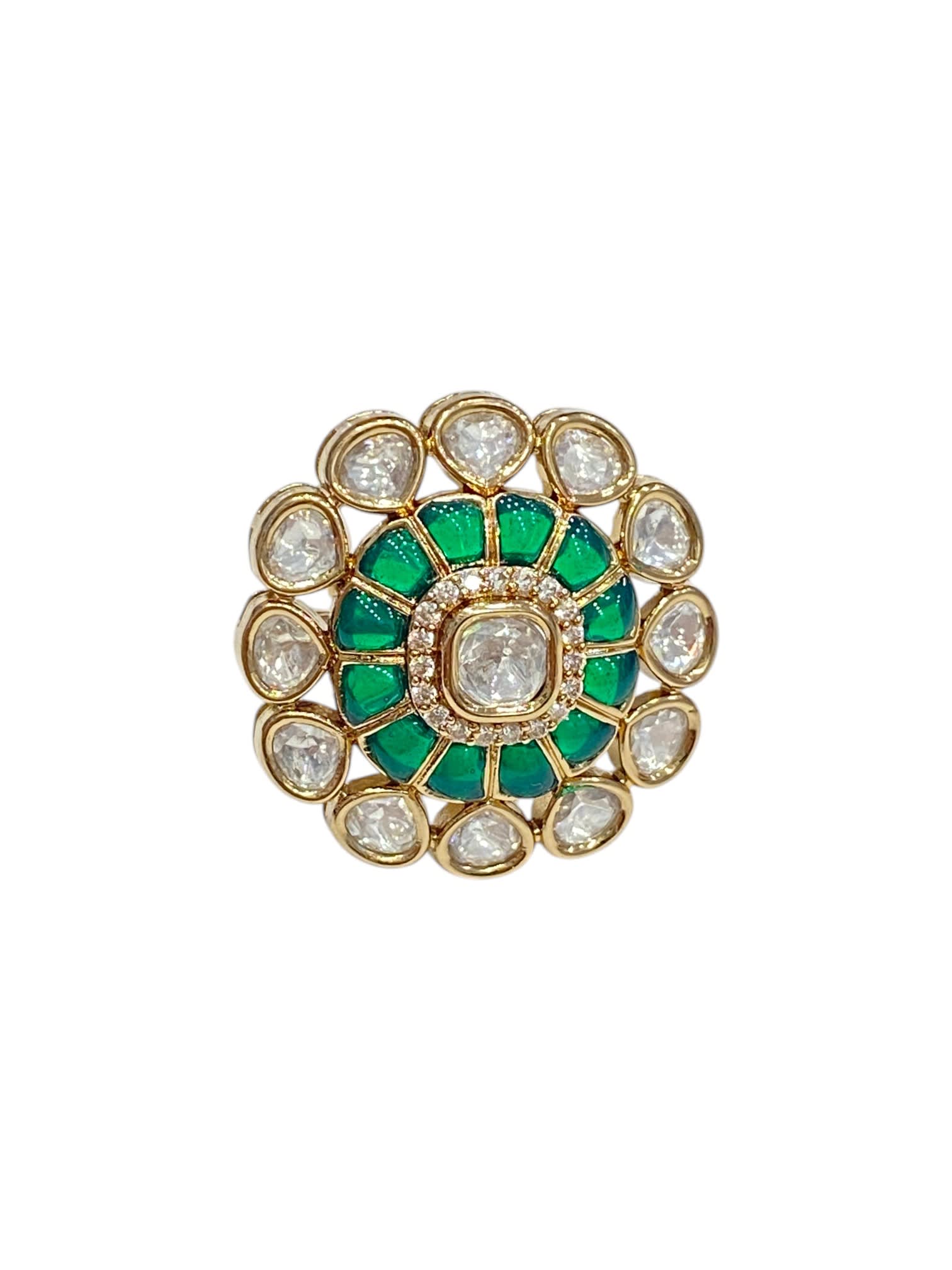 Green Floral Aura Kundan Ring from Sirini Jewellery thumbnail 3