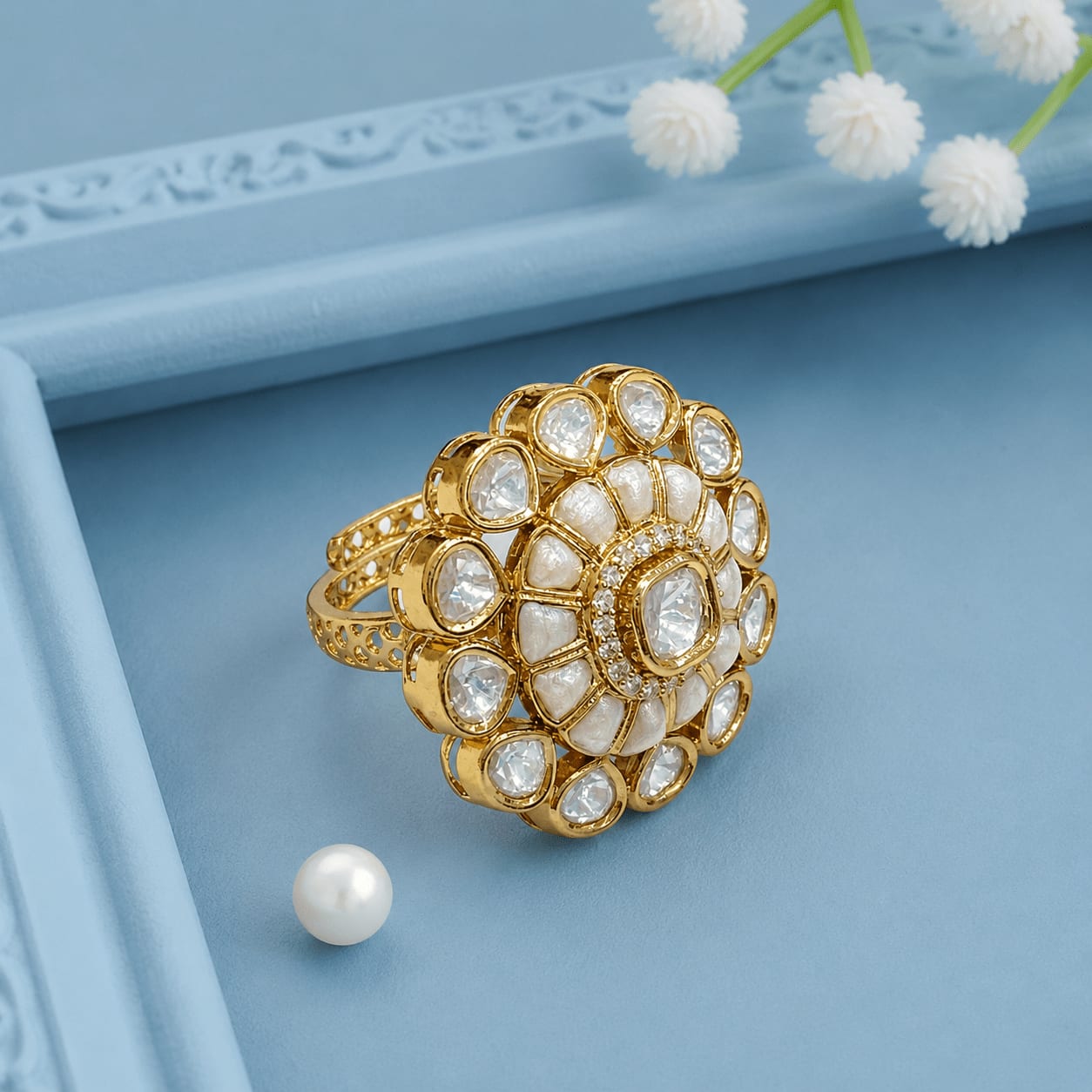 White Floral Aura Kundan Ring from Sirini Jewellery — handcrafted Finger Rings by Sirini Jewellery