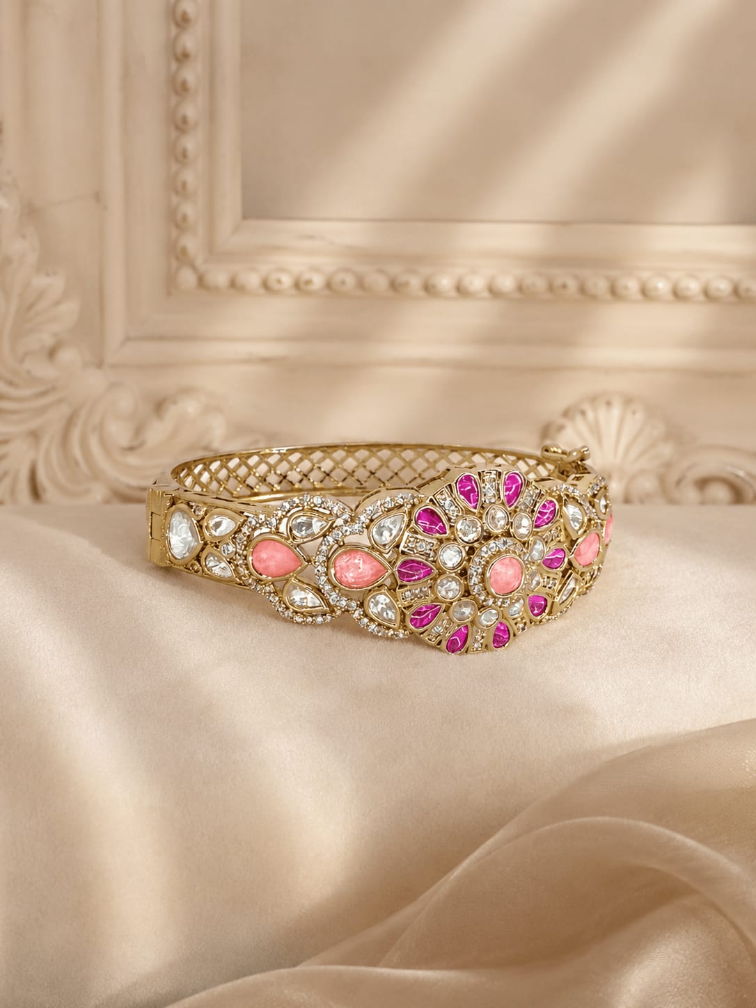 Deep Ruby With Pink Doublet Stone Floral Kada | Mehendi Polish — handcrafted Bracelet by Sirini Jewellery - back view