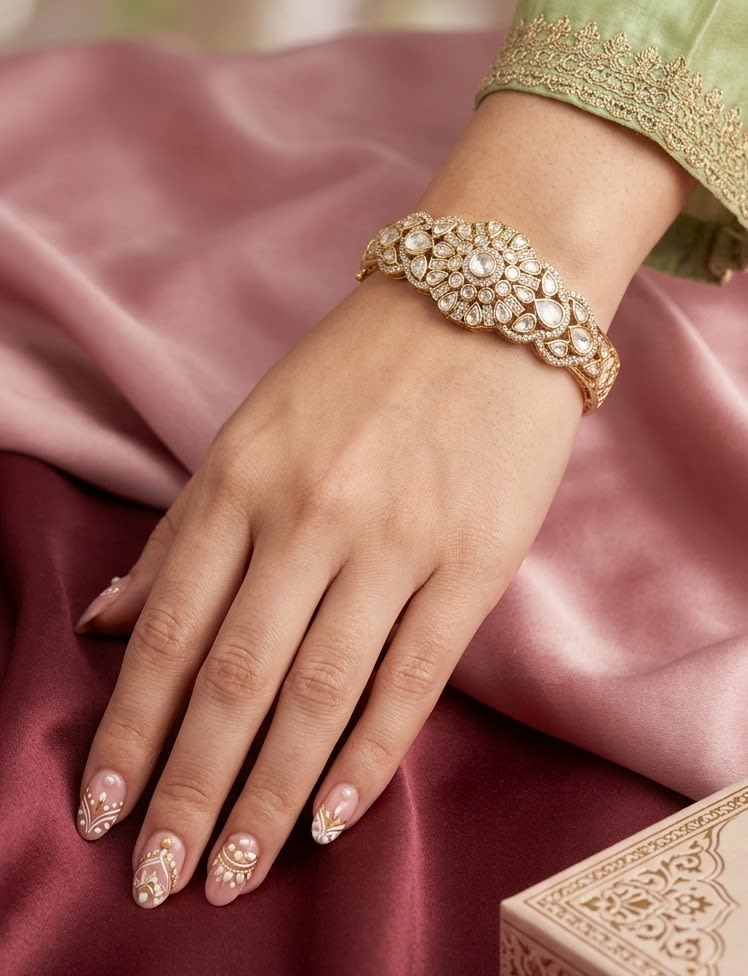 White Stone Floral Kada | Mehendi Polish — handcrafted Bracelet by Sirini Jewellery