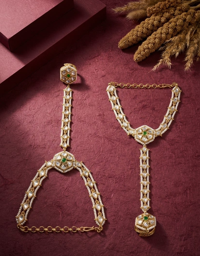 Sirini Regal Green Kundan Pearl Haathphool | Antique Gold Finish — main view | Sirini Jewellery