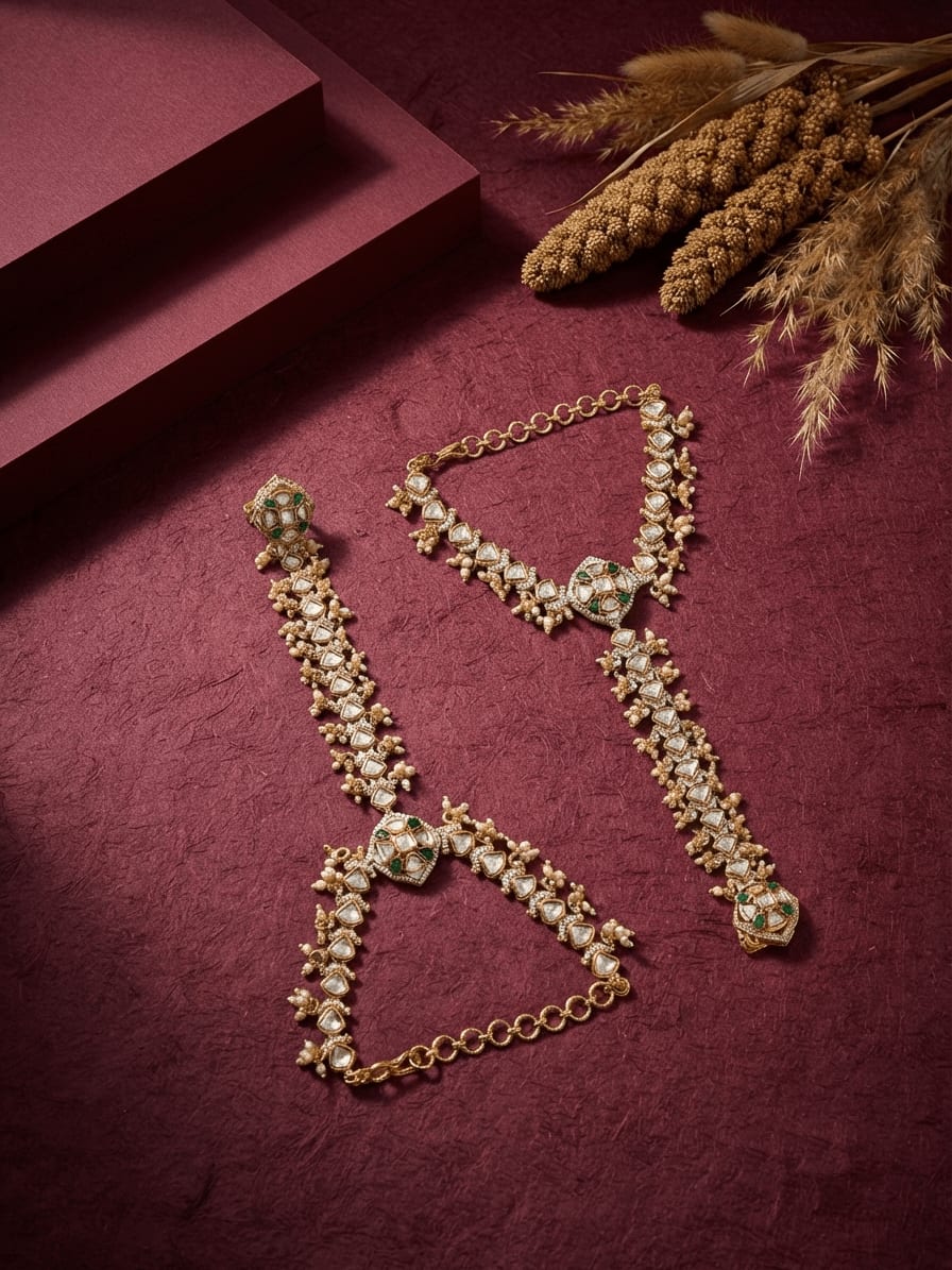 Jannat Green Kundan Antique Gold Hathphool — handcrafted Hathpaan by Sirini Jewellery