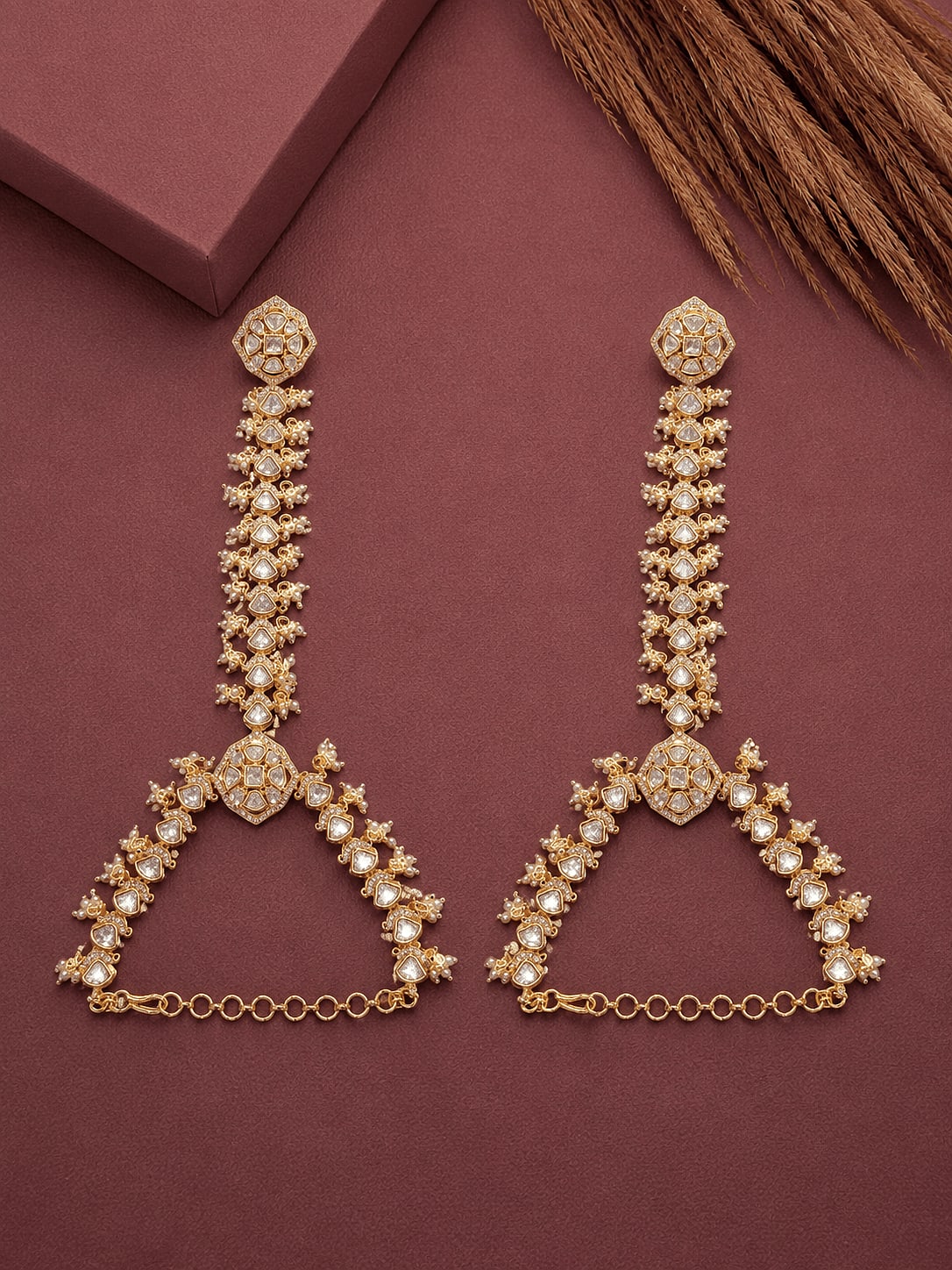 Gold Plated Pearl and White Kundan Hathphool for Women — handcrafted Hathpaan by Sirini Jewellery
