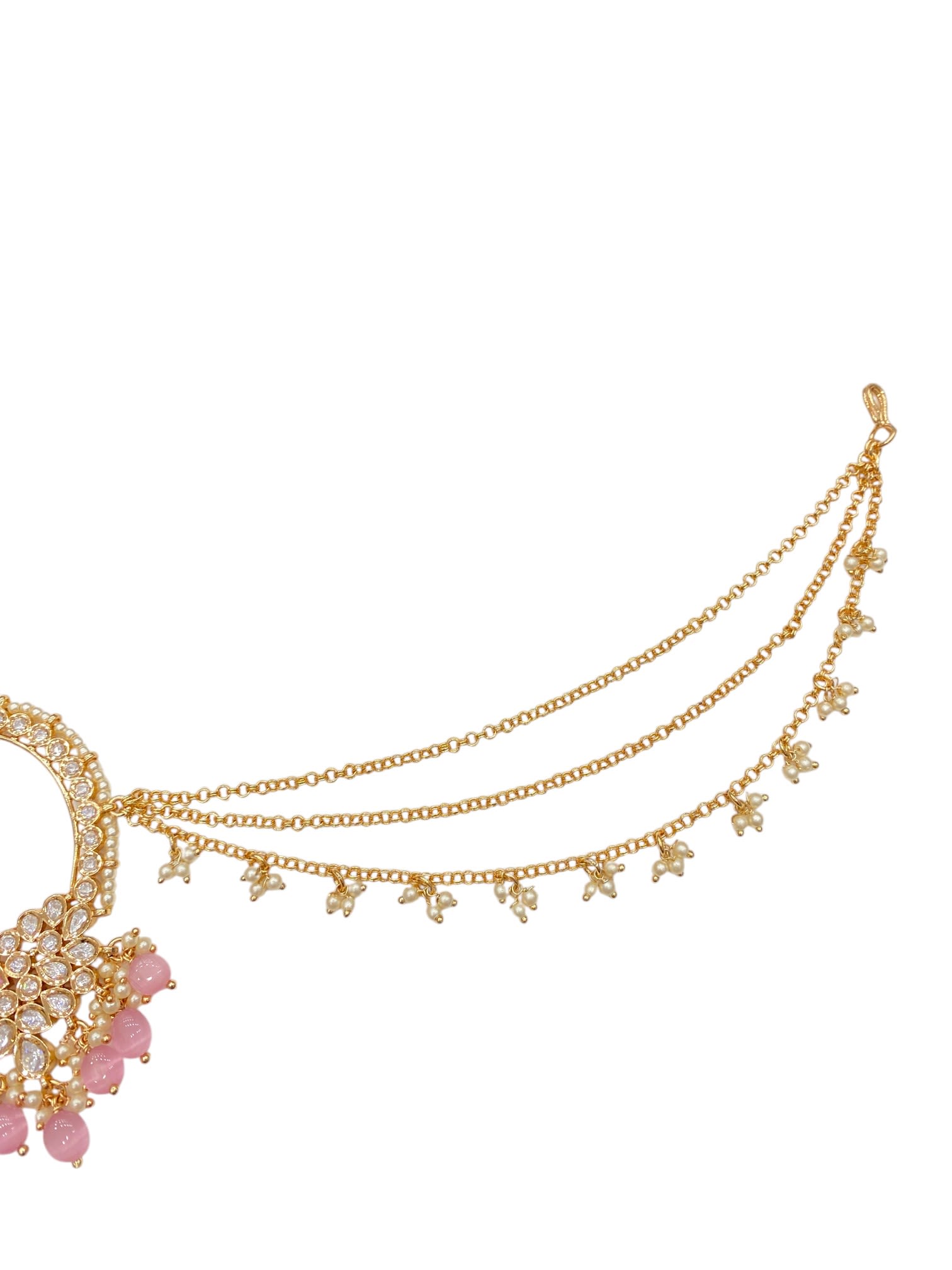 Pink Kundan Studded Multi-Colour Pearl Bead Triple-Layer Chain Nath Nosepin thumbnail 3