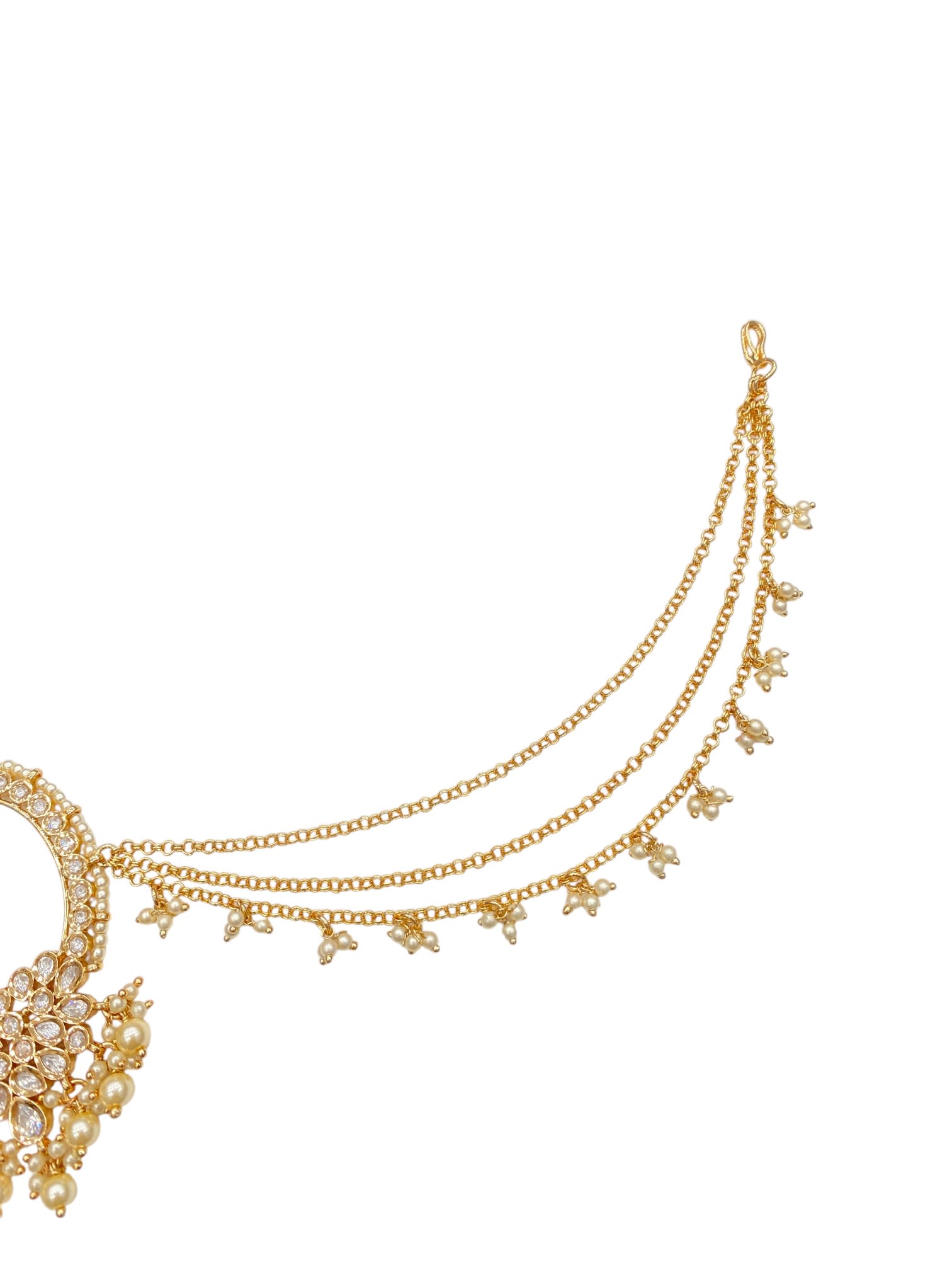 White Kundan Studded Multi-Colour Pearl Bead Triple-Layer Chain Nath Nosepin thumbnail 3