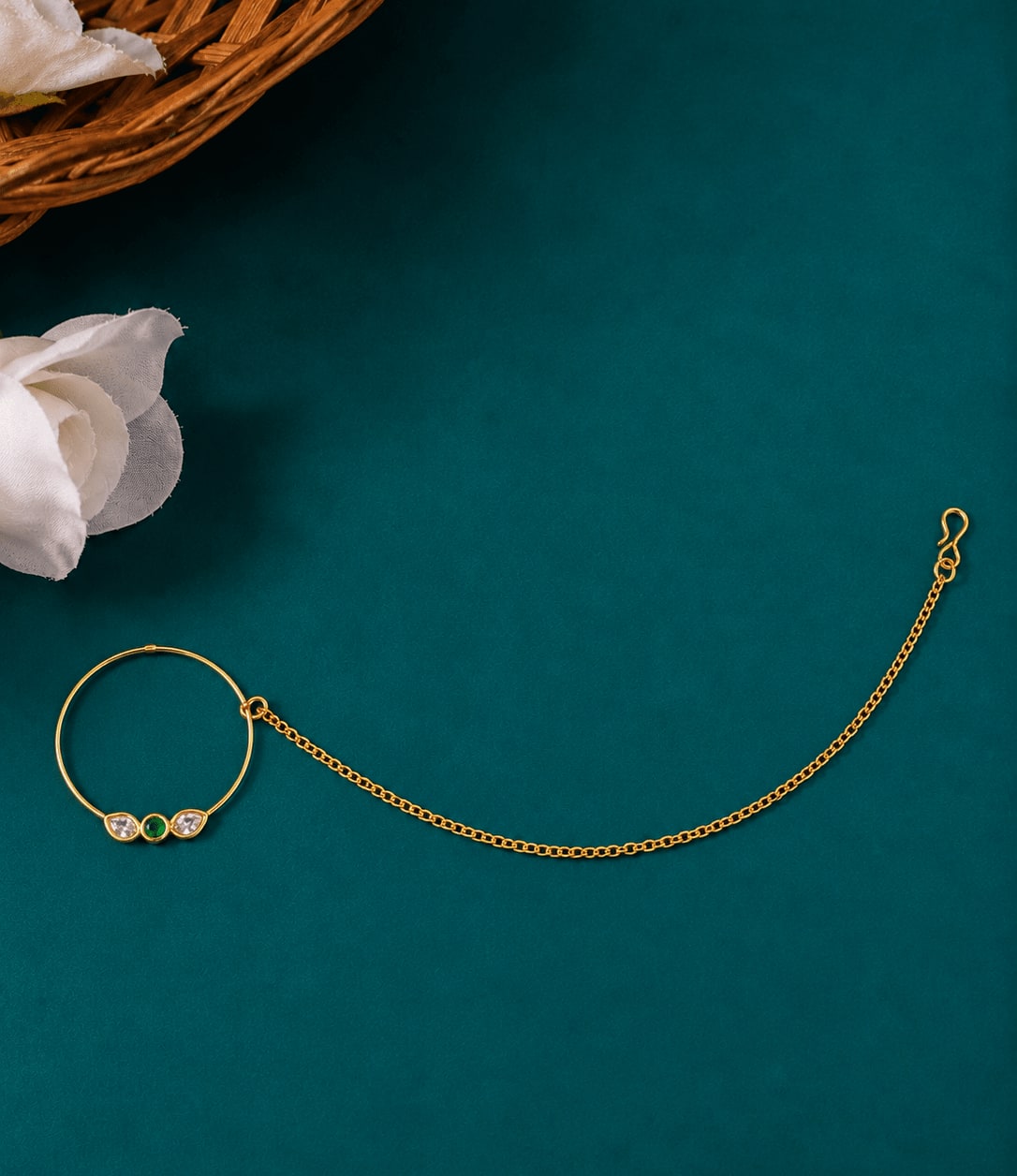 Gold-Plated Emerald Kundan Nose Ring — handcrafted Nose Ring (Nath) by Sirini Jewellery