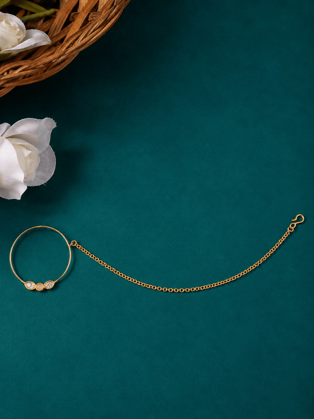 Gold-Plated Pink Kundan Nose Ring — handcrafted Nose Ring (Nath) by Sirini Jewellery