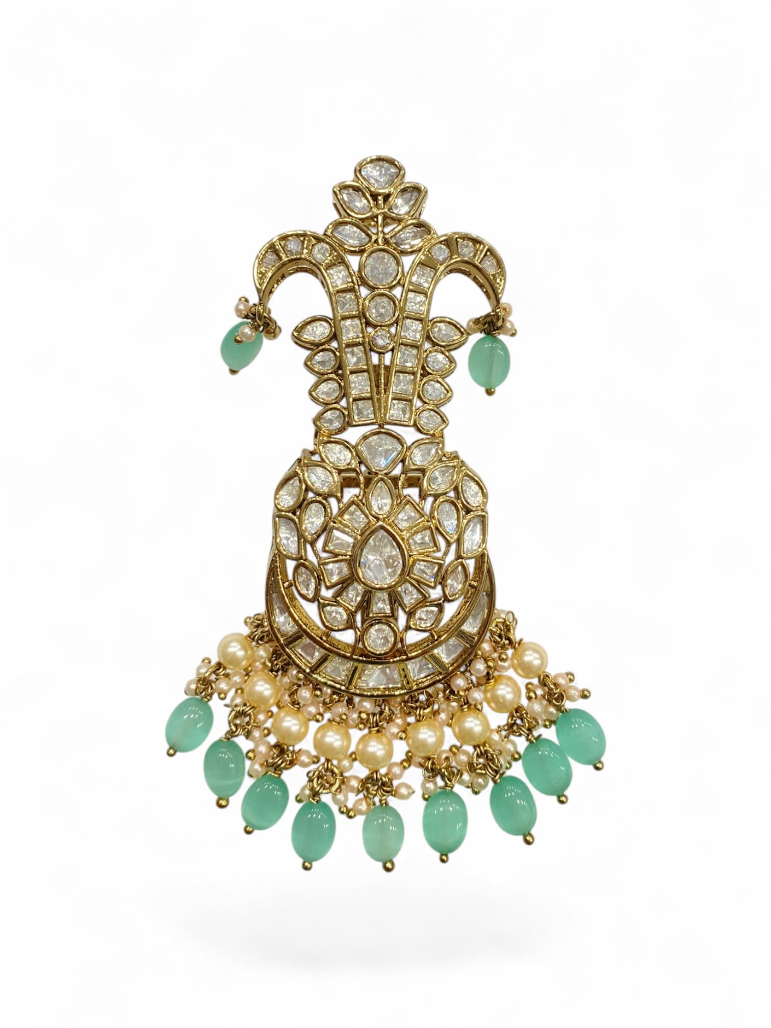 Sirini Aqua Imperial Kalgi | Antique Gold Finish — handcrafted Kalgi by Sirini Jewellery - back view