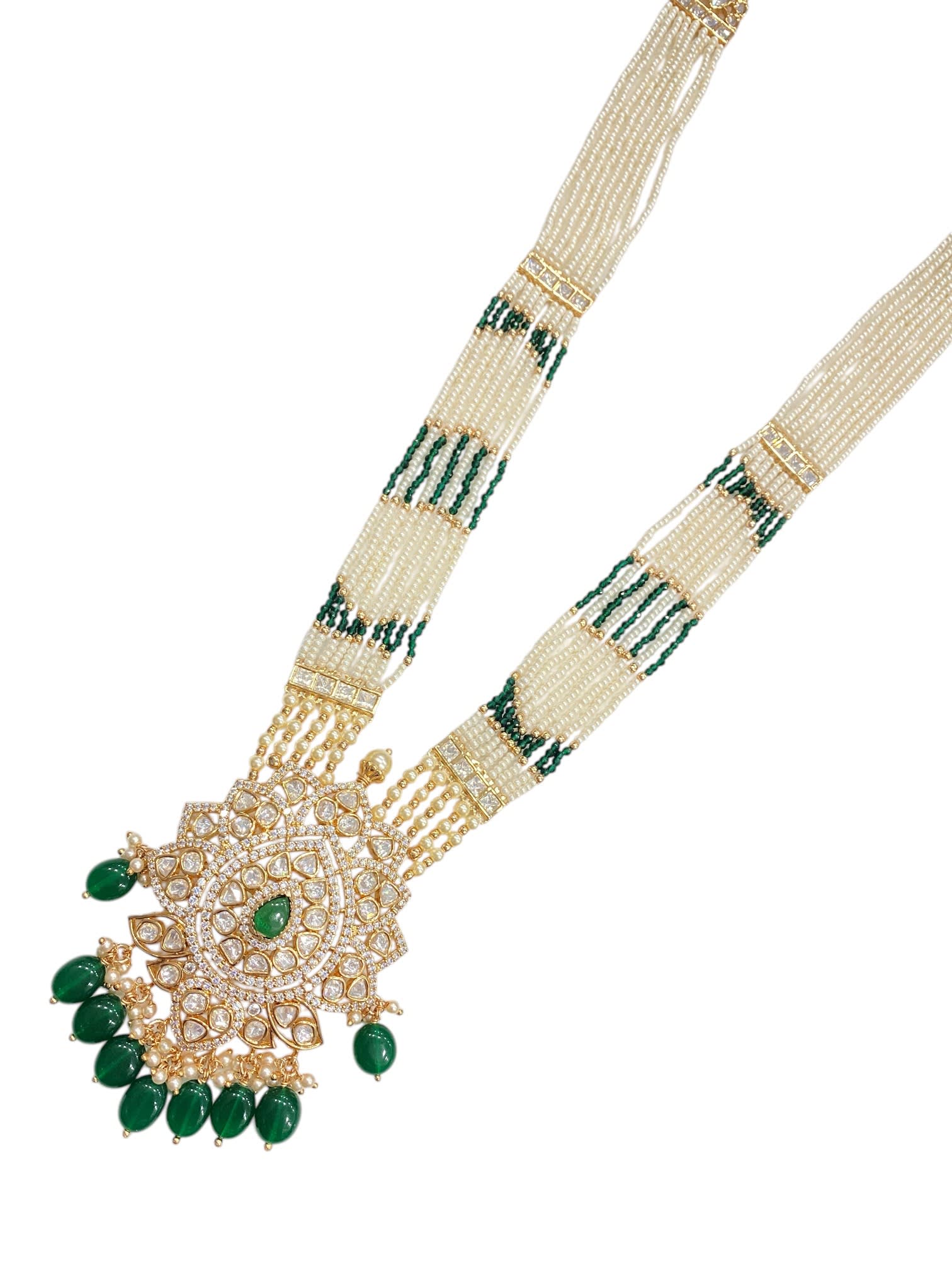 Rajvansh Emerald Veil Haar | A royal legacy woven in pearls and crowned with emerald elegance. thumbnail 3