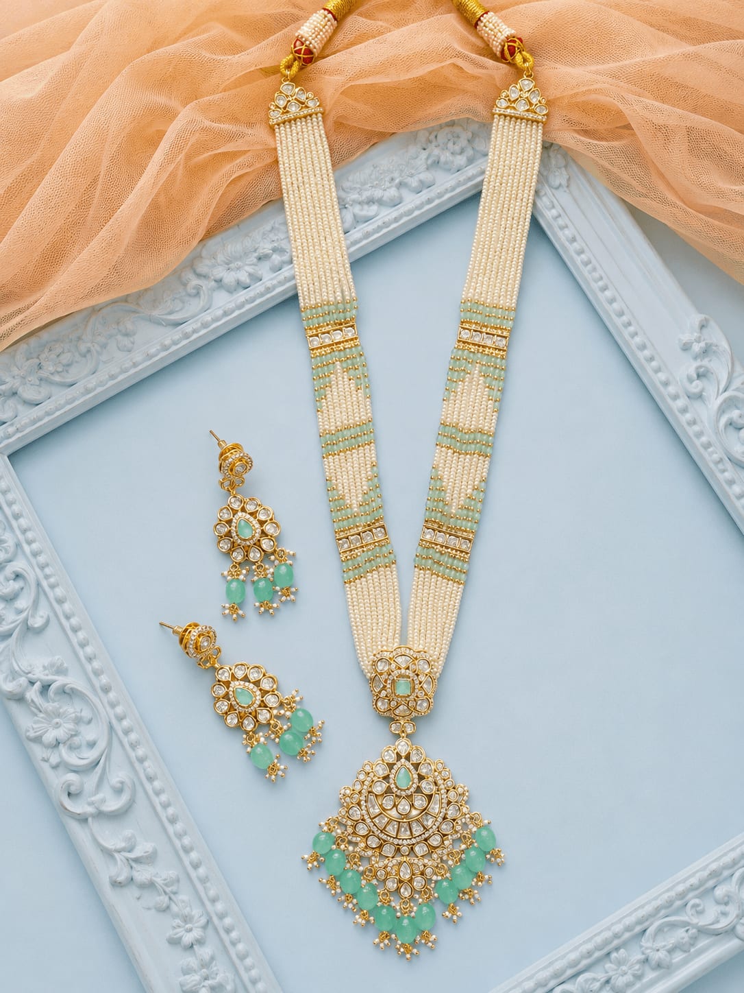 Mint Kundan Multi-Strand Pearl Long Set — main view | Sirini Jewellery