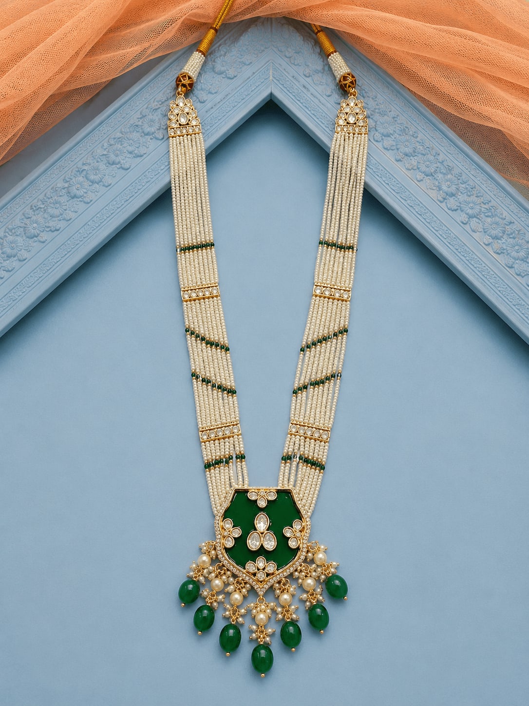 Pearl Cascade Long Necklace with Emerald Green Pendant — main view | Sirini Jewellery
