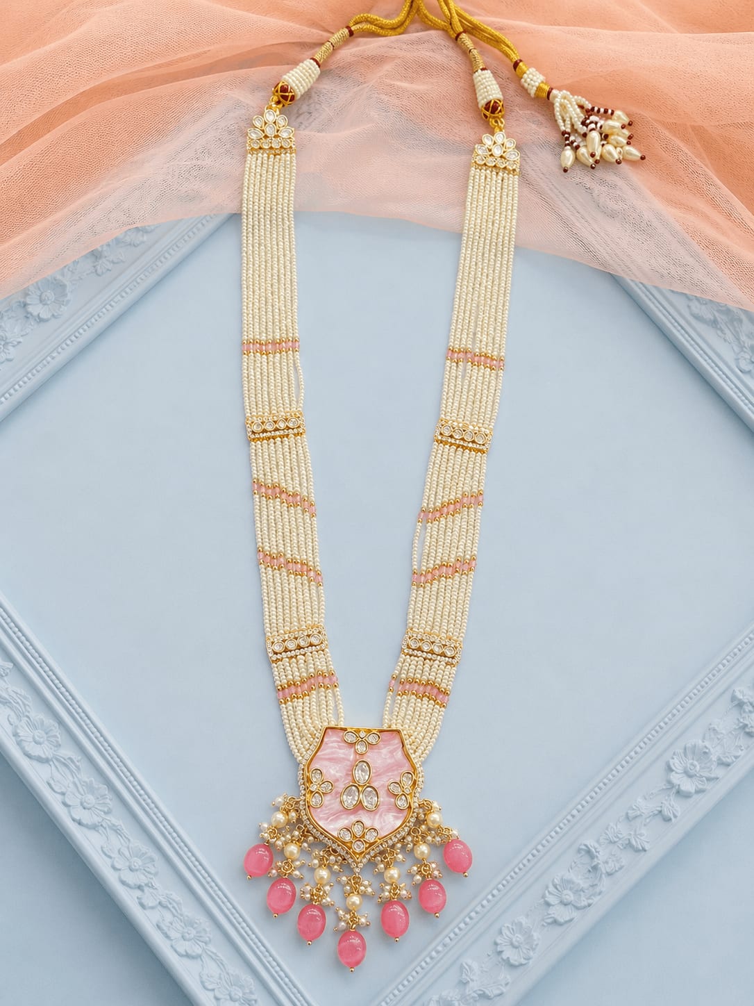 Pearl Cascade Long With Pink Pendant — main view | Sirini Jewellery