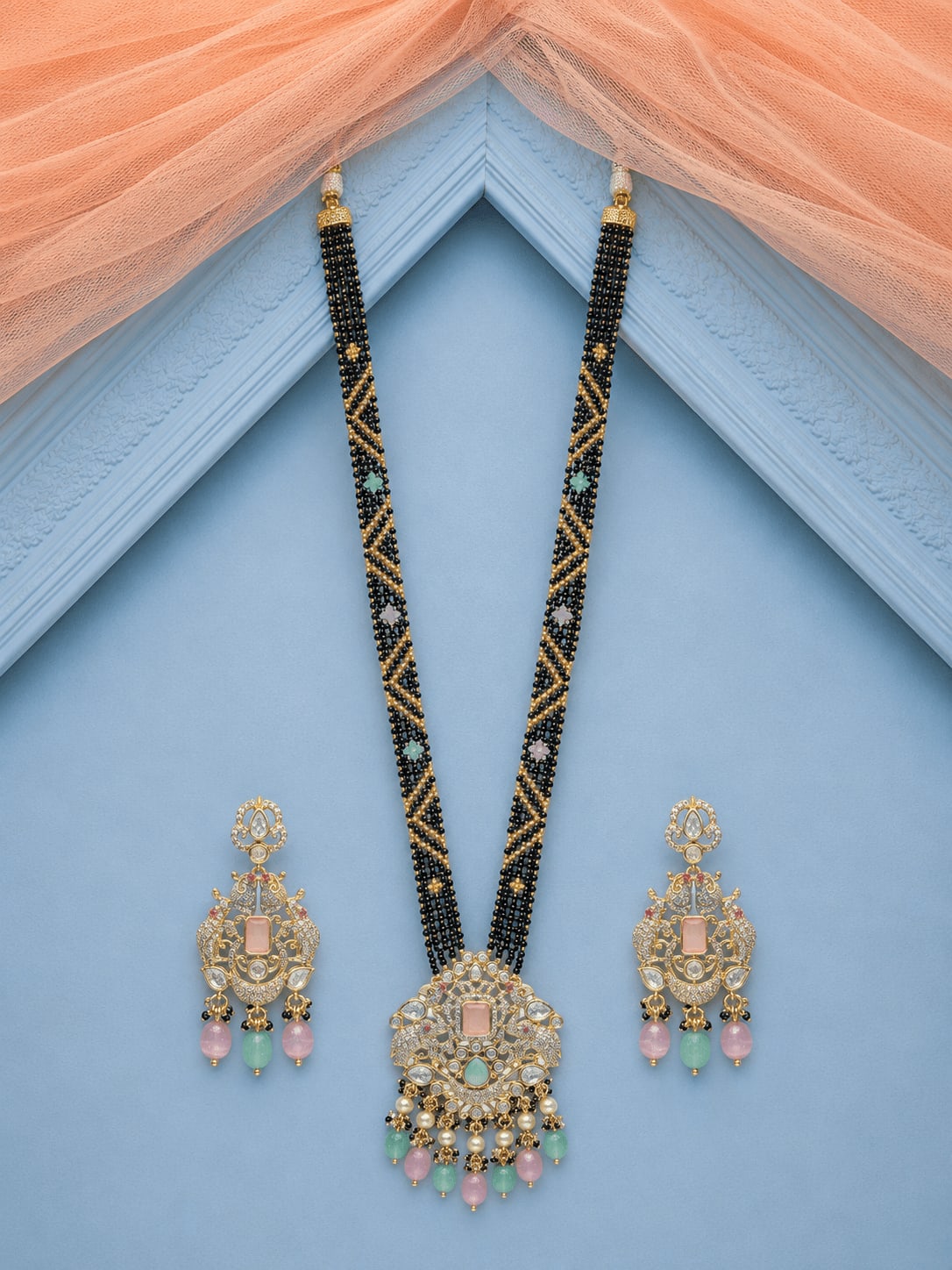 Gold Plated Handcrafted Pastel Stone Kundan Mangalsutra Set with Earrings — main view | Sirini Jewellery