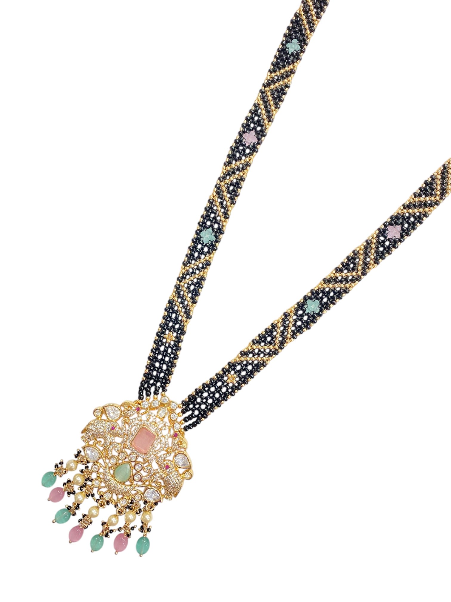 Gold Plated Handcrafted Pastel Stone Kundan Mangalsutra Set with Earrings thumbnail 2