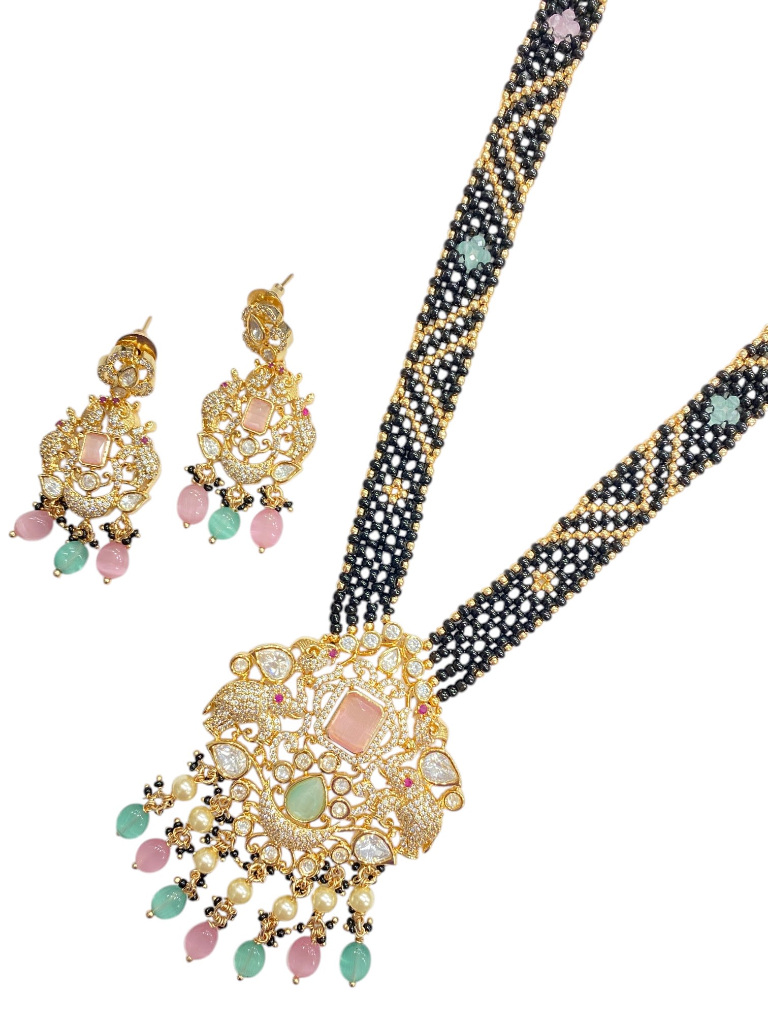 Gold Plated Handcrafted Pastel Stone Kundan Mangalsutra Set with Earrings thumbnail 3