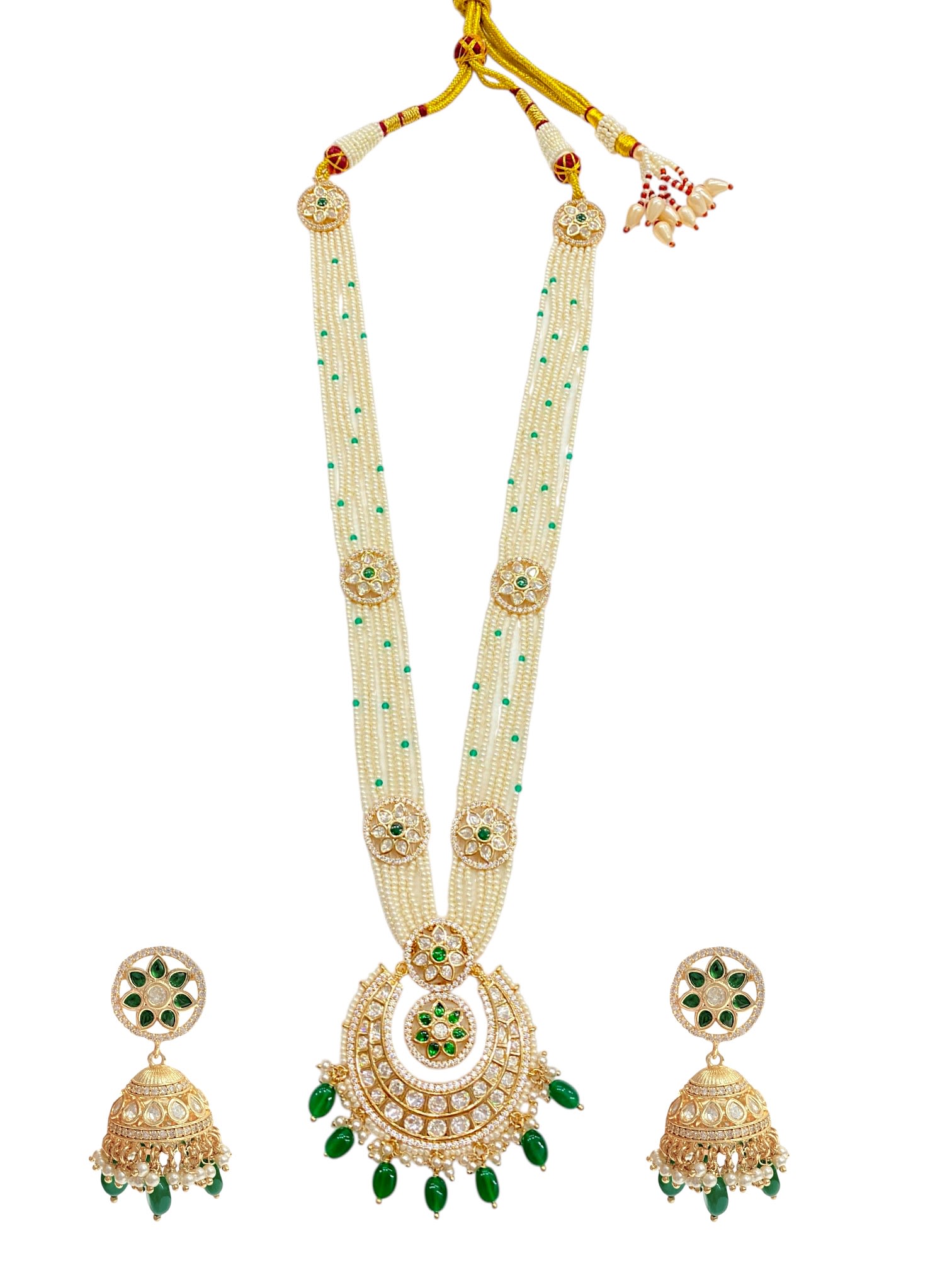 SIRINI Gold Finish Green Kundan Pearl Long Necklace Set — handcrafted Long Sets by Sirini Jewellery - back view