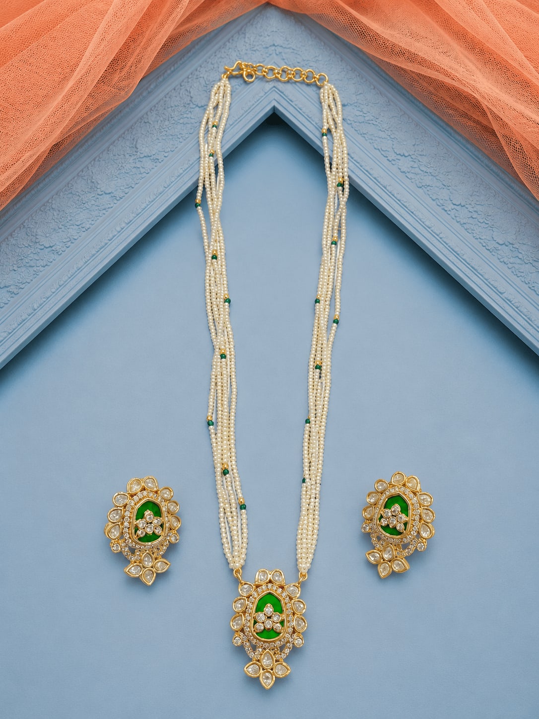 Elegant Pearl Strand Green Kundan Pendant Set — main view | Sirini Jewellery
