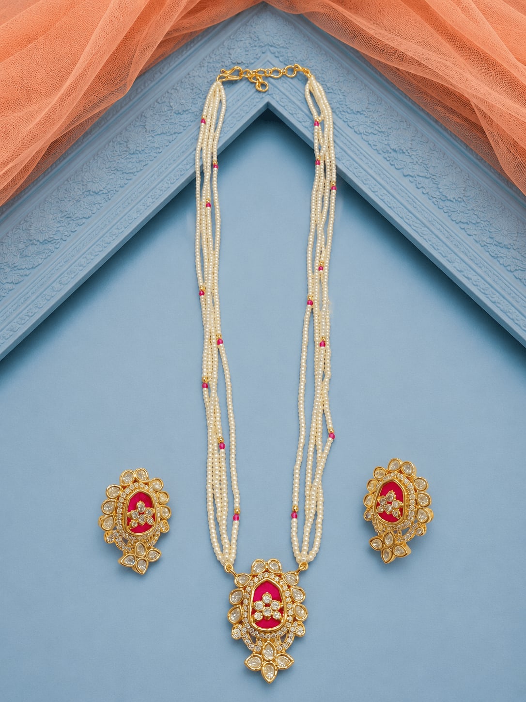 Elegant Pearl Strand Ruby Kundan Pendant Set — handcrafted Long Sets by Sirini Jewellery