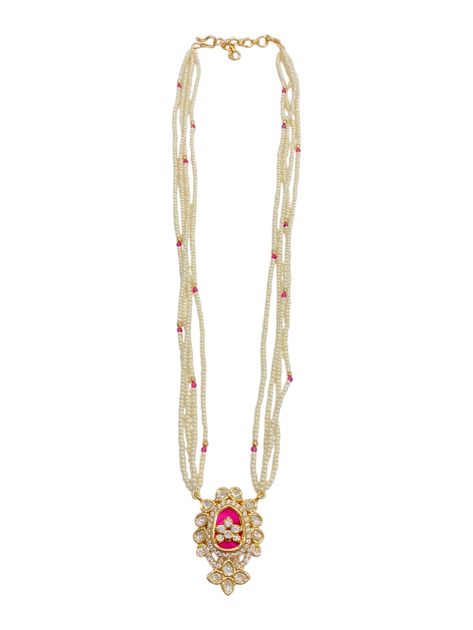 Elegant Pearl Strand Ruby Kundan Pendant Set — handcrafted Long Sets by Sirini Jewellery - back view
