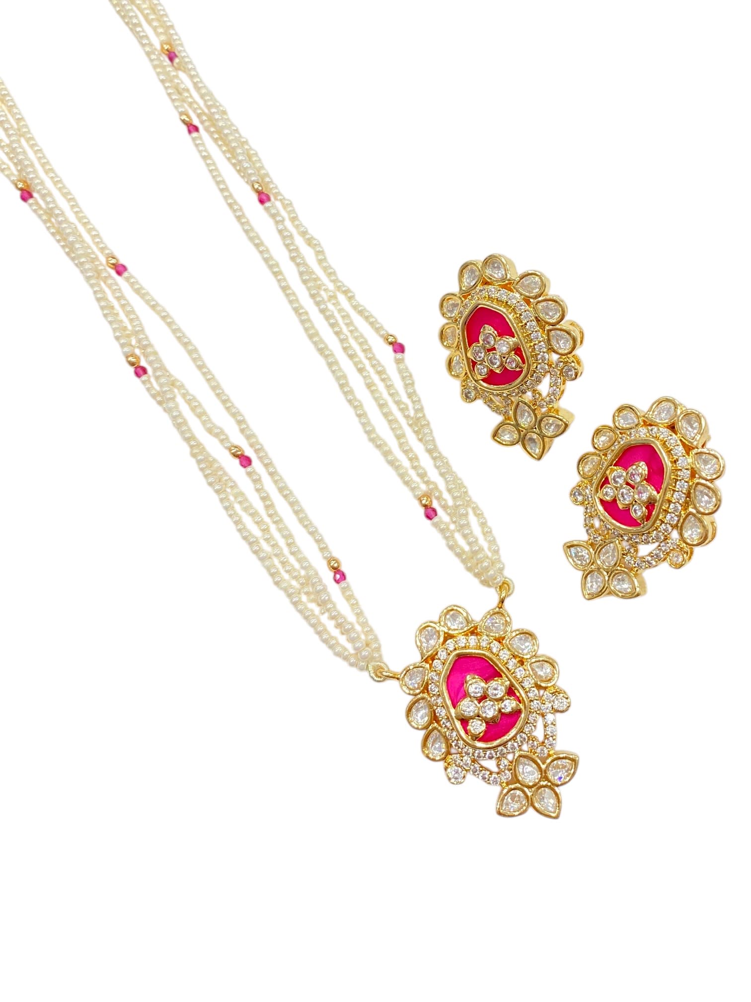 Elegant Pearl Strand Ruby Kundan Pendant Set thumbnail 3
