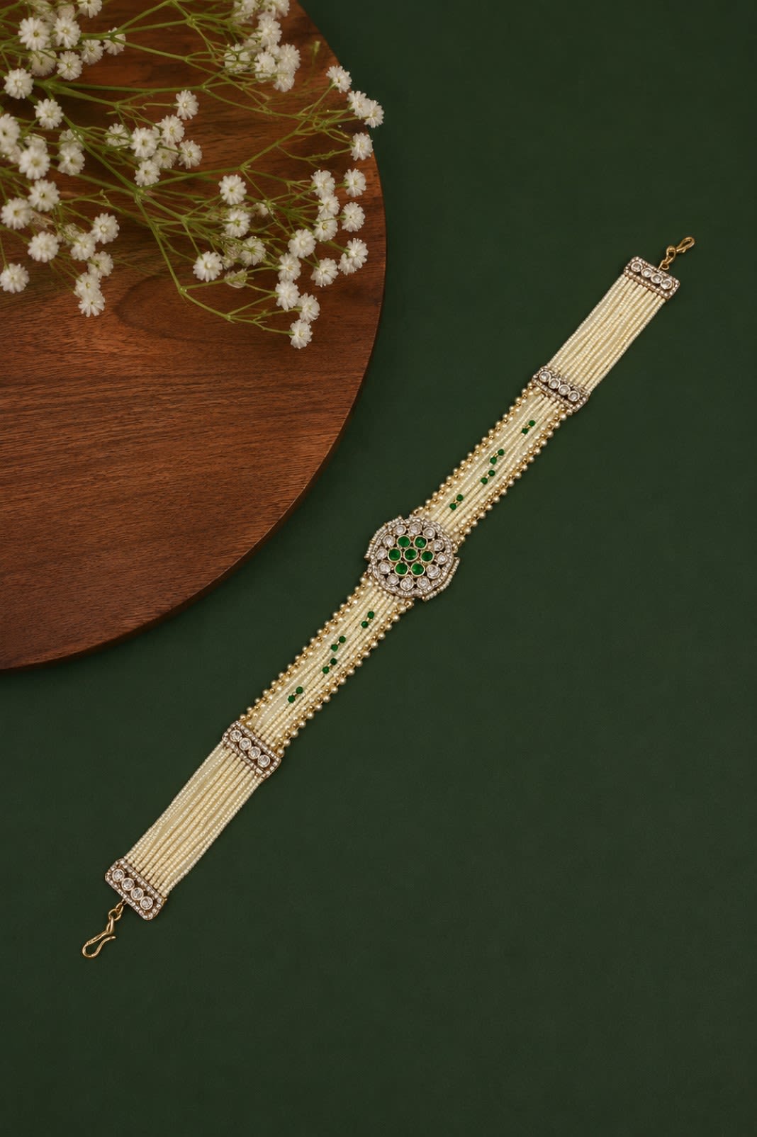 Multi Pearl Strand With Green Kundan Centerpiece Sheeshpatti — main view | Sirini Jewellery