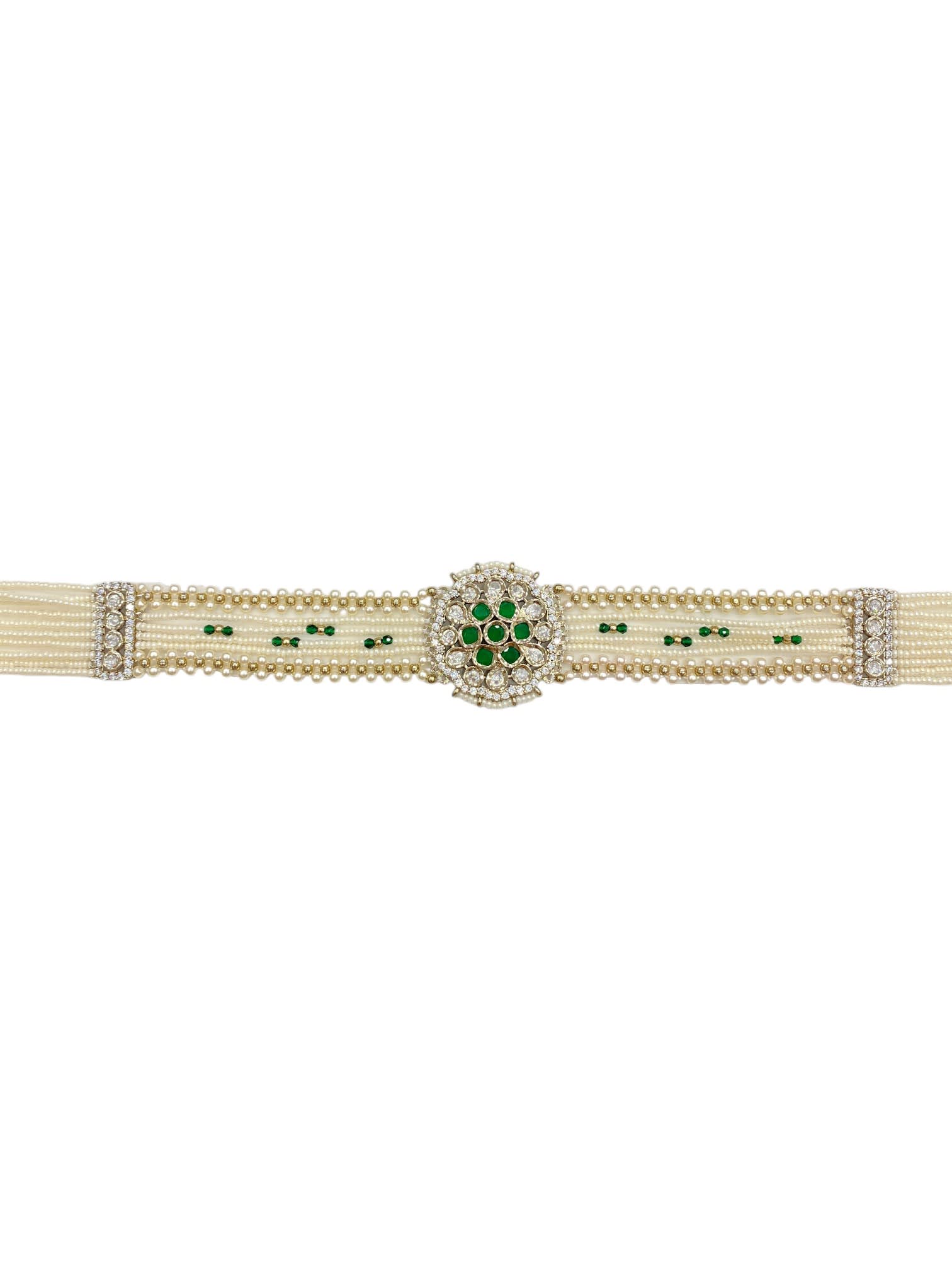 Multi Pearl Strand With Green Kundan Centerpiece Sheeshpatti thumbnail 2