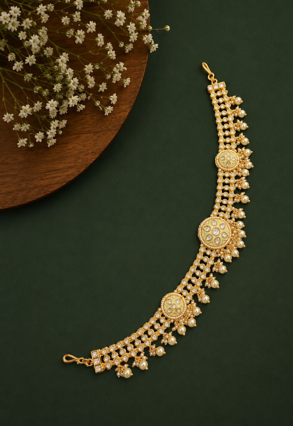White Meenakari Pearl Polki Sheesh Patti — main view | Sirini Jewellery
