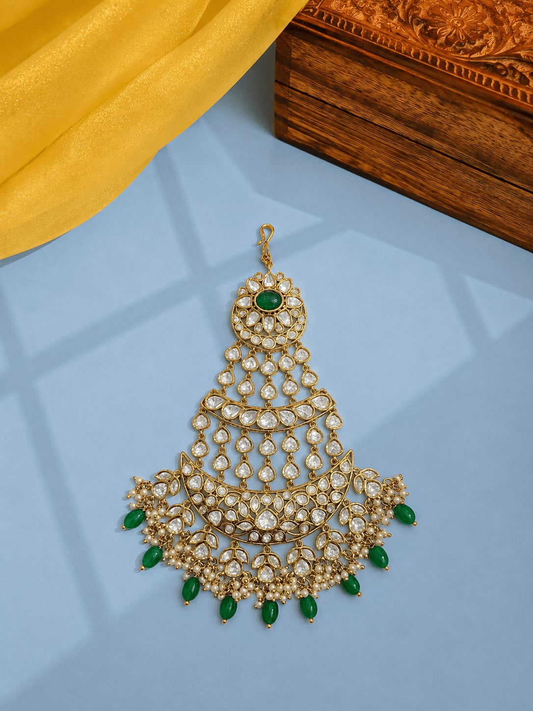 SIRINI Women's Handcrafted Green Bead Kundan Passa | Antique Polish — main view | Sirini Jewellery