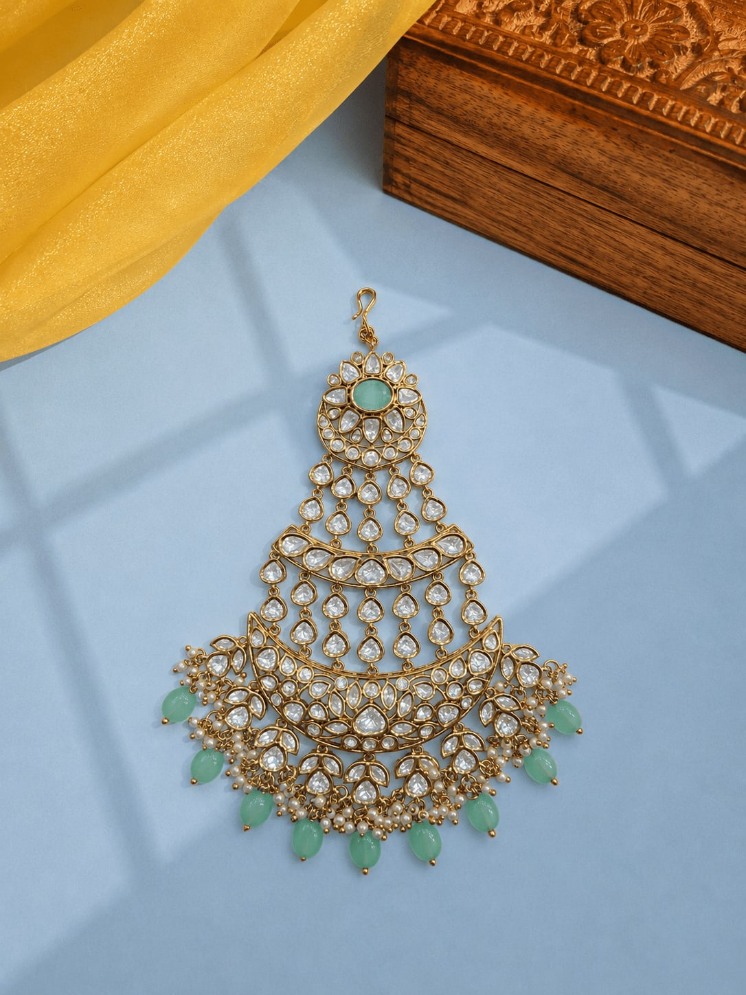 SIRINI Women's Handcrafted Mint Bead Kundan Passa | Antique Polish — main view | Sirini Jewellery