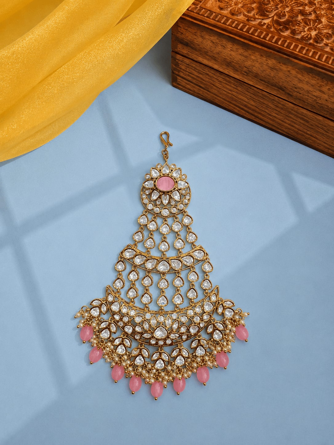 SIRINI Women's Handcrafted Pink Bead Kundan Passa | Antique Polish — main view | Sirini Jewellery