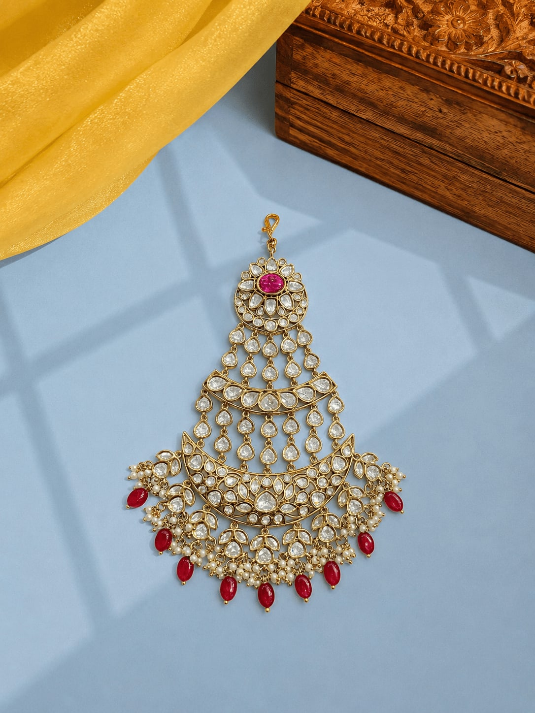 SIRINI Women's Handcrafted Ruby Bead Kundan Passa | Antique Polish — main view | Sirini Jewellery