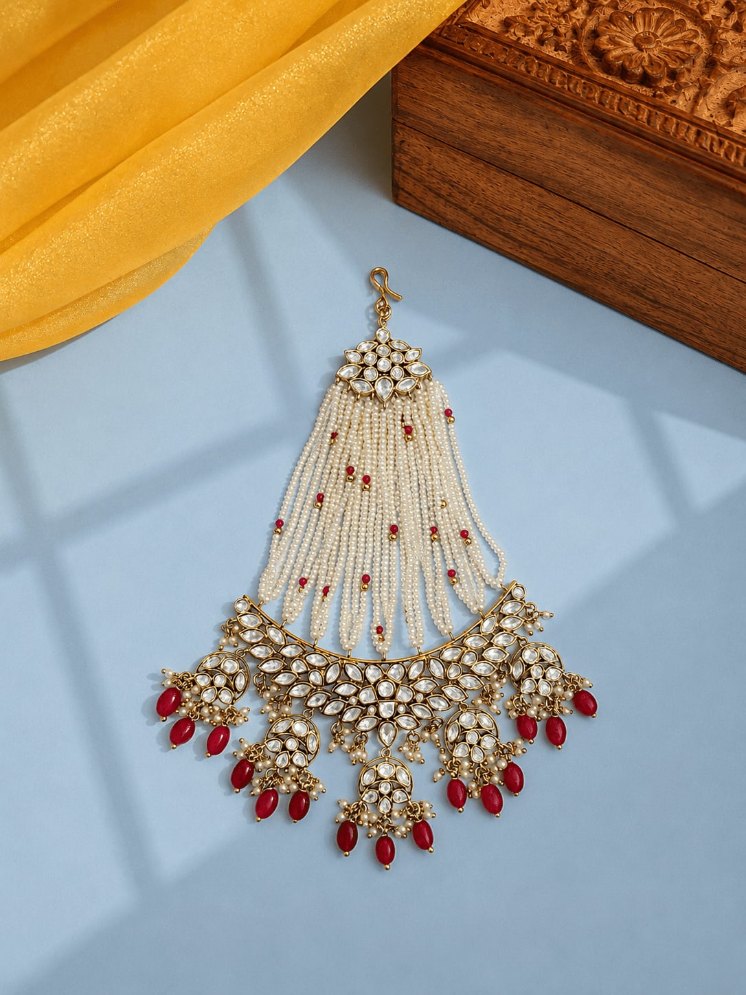 Sirini Antique Polish Ruby Polki Passa – Royal Bridal Hair Accessory — main view | Sirini Jewellery