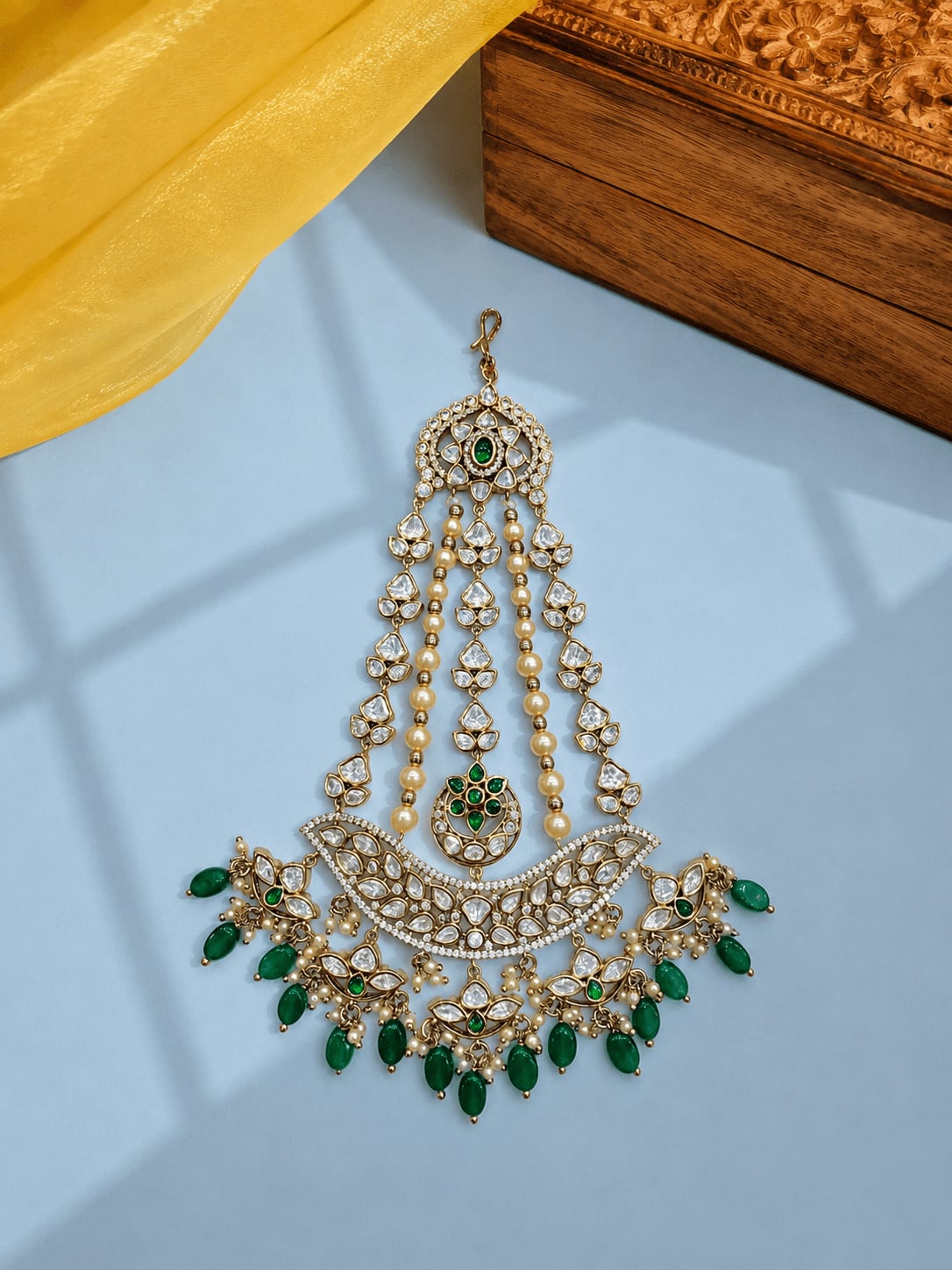 SIRINI Mehendi-Plated & White Kundan With Green Beaded Jhumar Passa Jewellery — main view | Sirini Jewellery