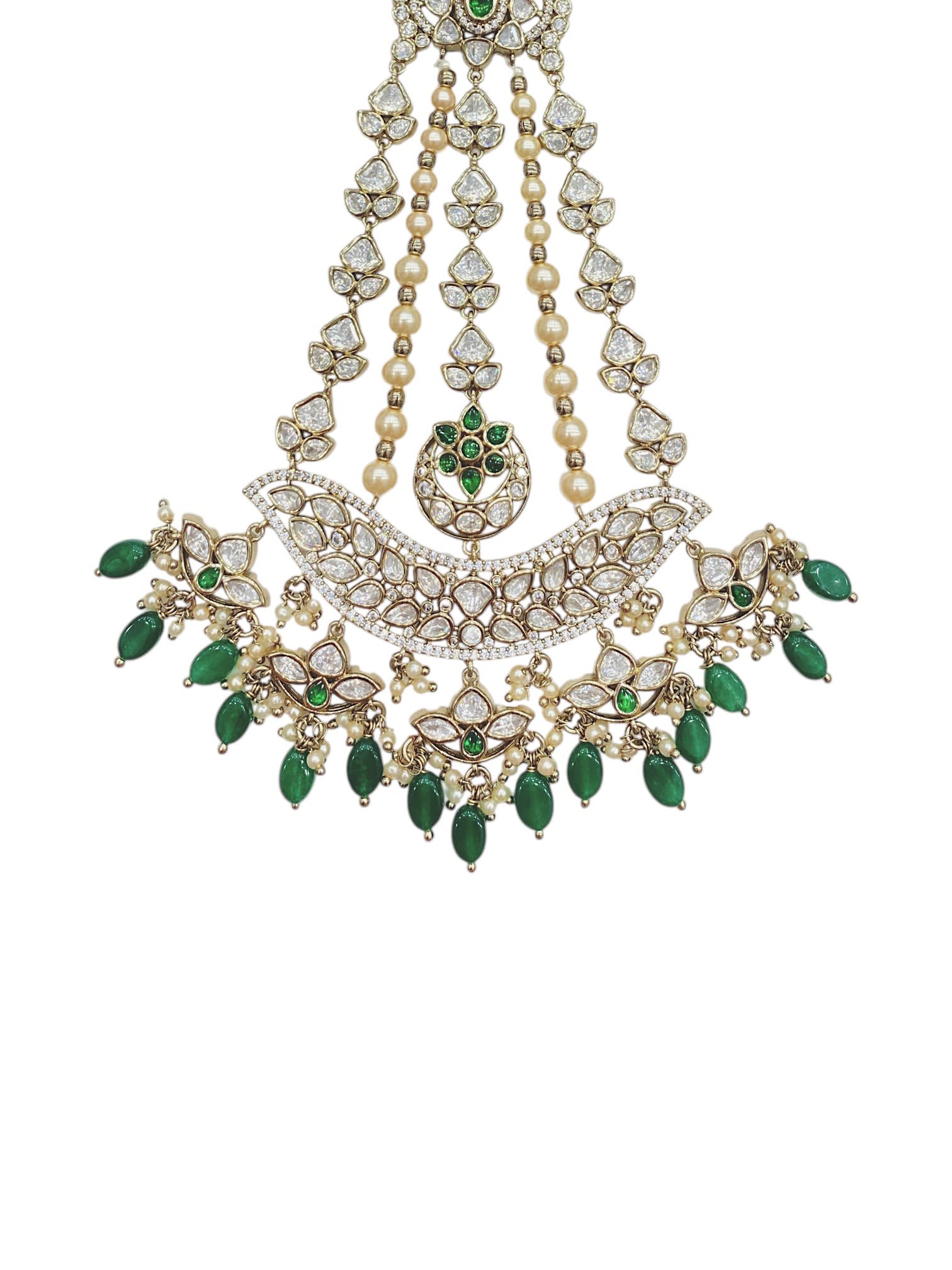 SIRINI Mehendi-Plated & White Kundan With Green Beaded Jhumar Passa Jewellery thumbnail 3