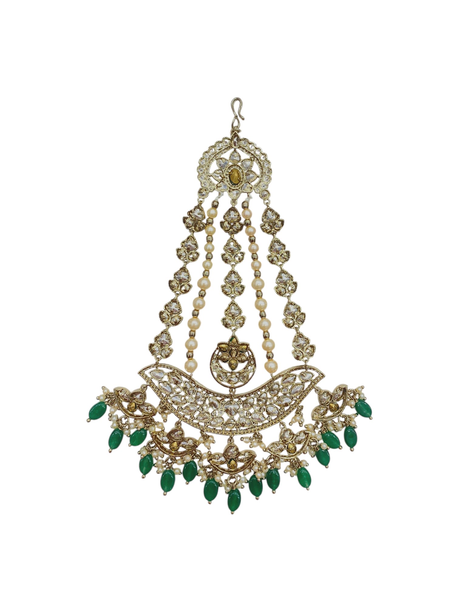 SIRINI Mehendi-Plated & White Kundan With Green Beaded Jhumar Passa Jewellery thumbnail 4