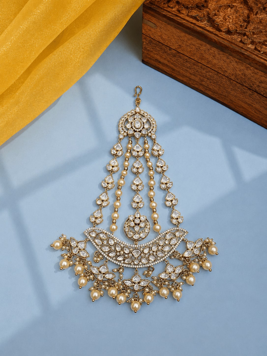 SIRINI Mehendi-Plated & White Kundan Pearl Studded & Beaded Jhumar Passa Jewellery — main view | Sirini Jewellery