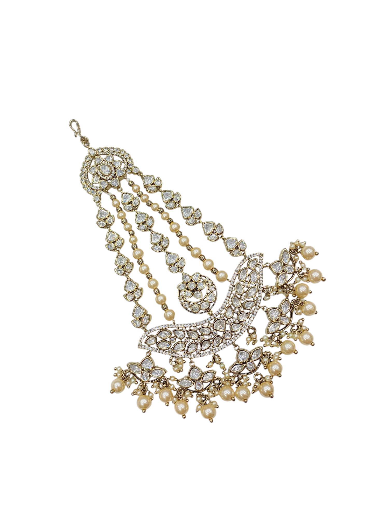 SIRINI Mehendi-Plated & White Kundan Pearl Studded & Beaded Jhumar Passa Jewellery thumbnail 2